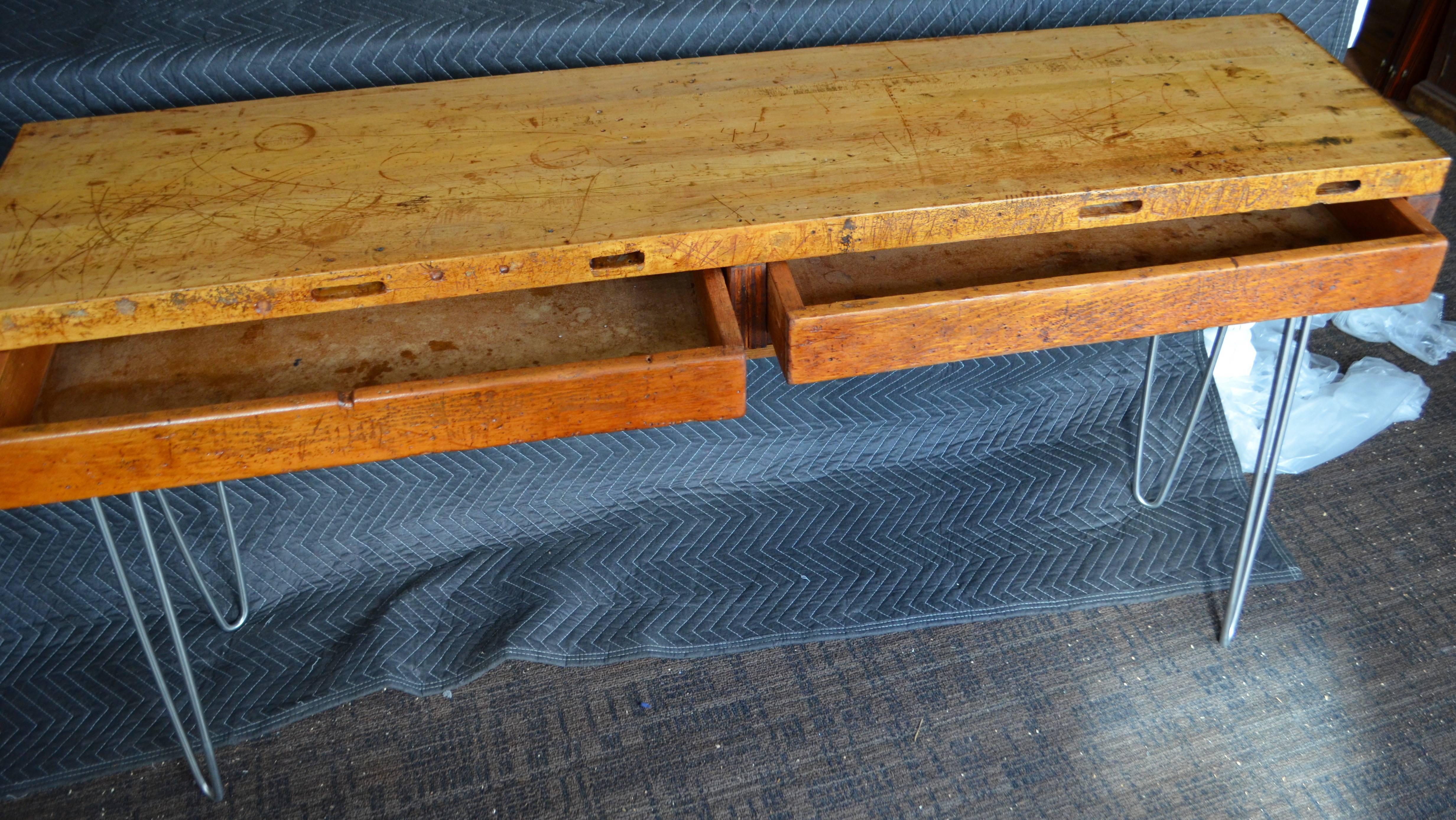 Steel Sofa Table, Hall Table from Jeweler's Workbench with Maple Top on Hairpin Legs