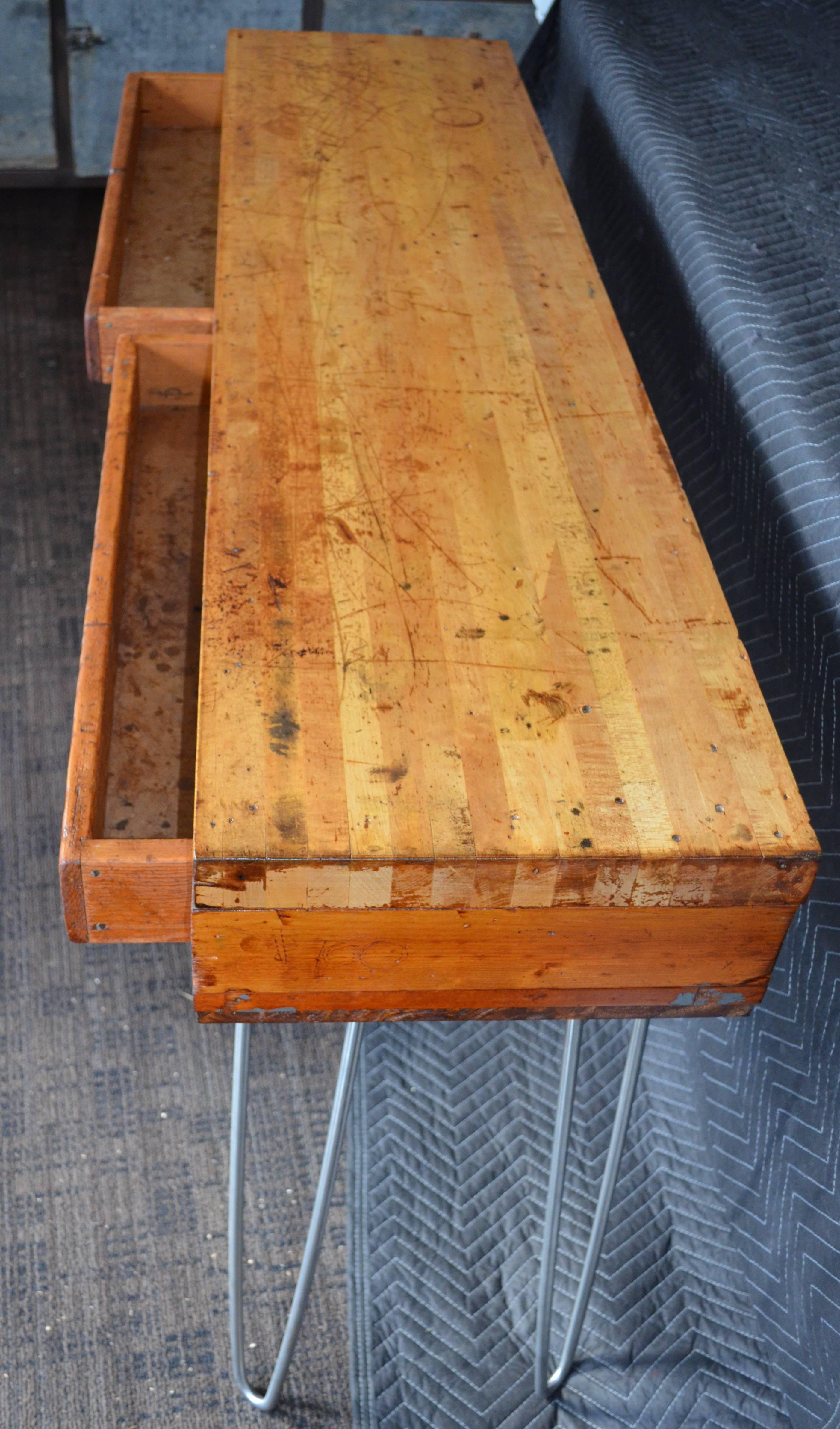 Sofa Table, Hall Table from Jeweler's Workbench with Maple Top on Hairpin Legs 2