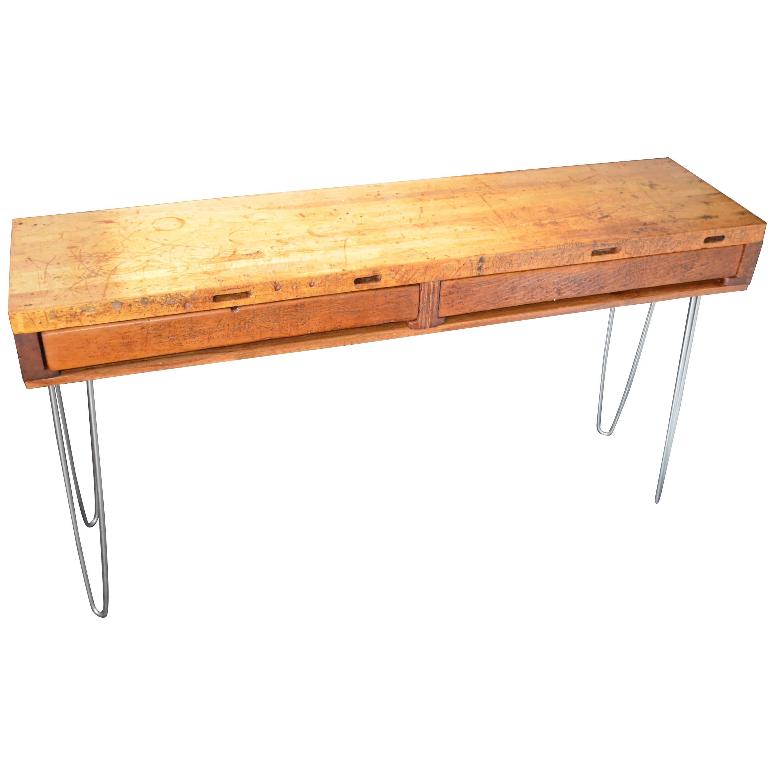 Sofa Table, Hall Table from Jeweler's Workbench with Maple Top on Hairpin Legs