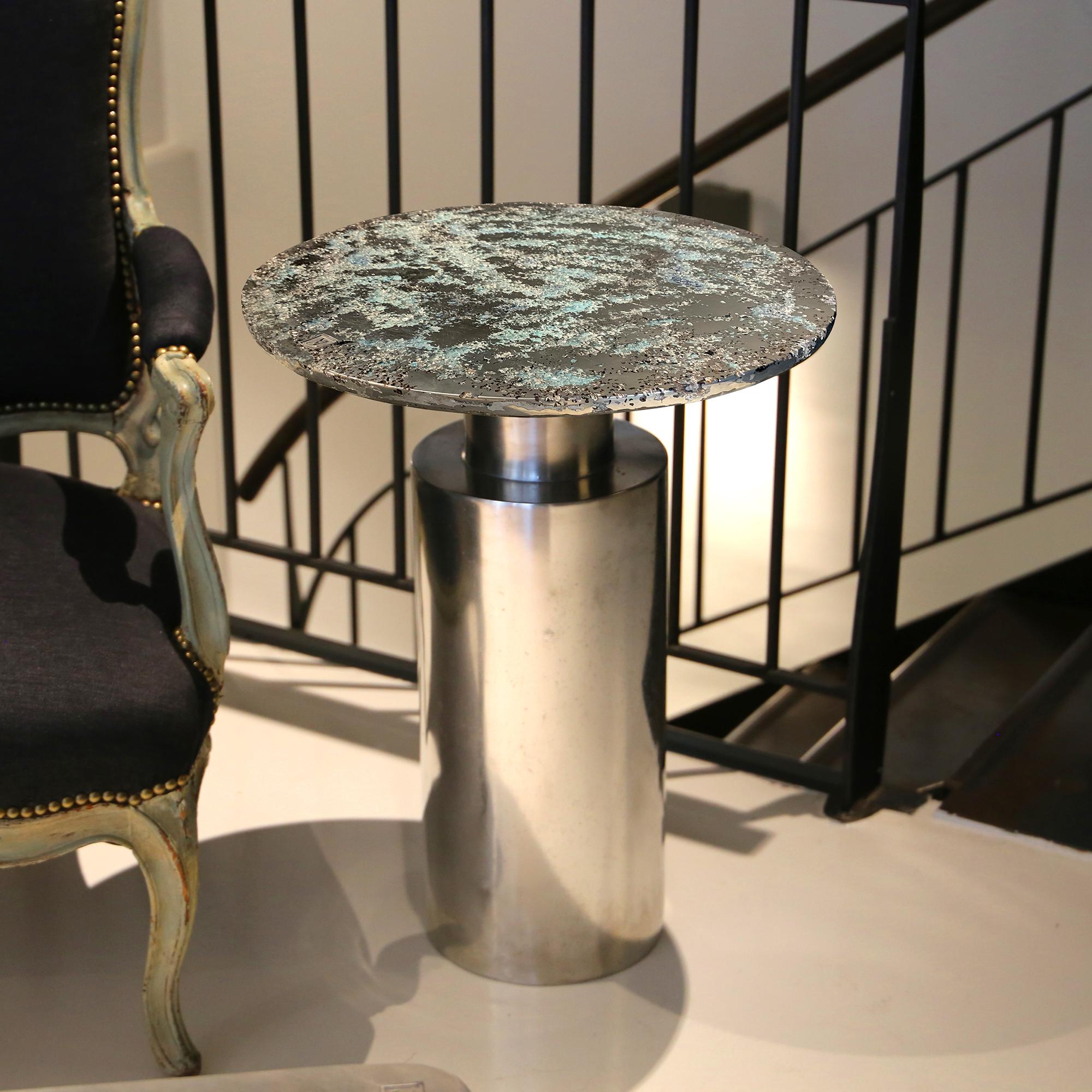 Made to order: This contemporary coffee table is a unique piece, created by Xavier Lavergne and made of melted pewter with Venice Murano glass, embedded in resin and polished like a marble. The table is handmade in France. Each piece is unique and