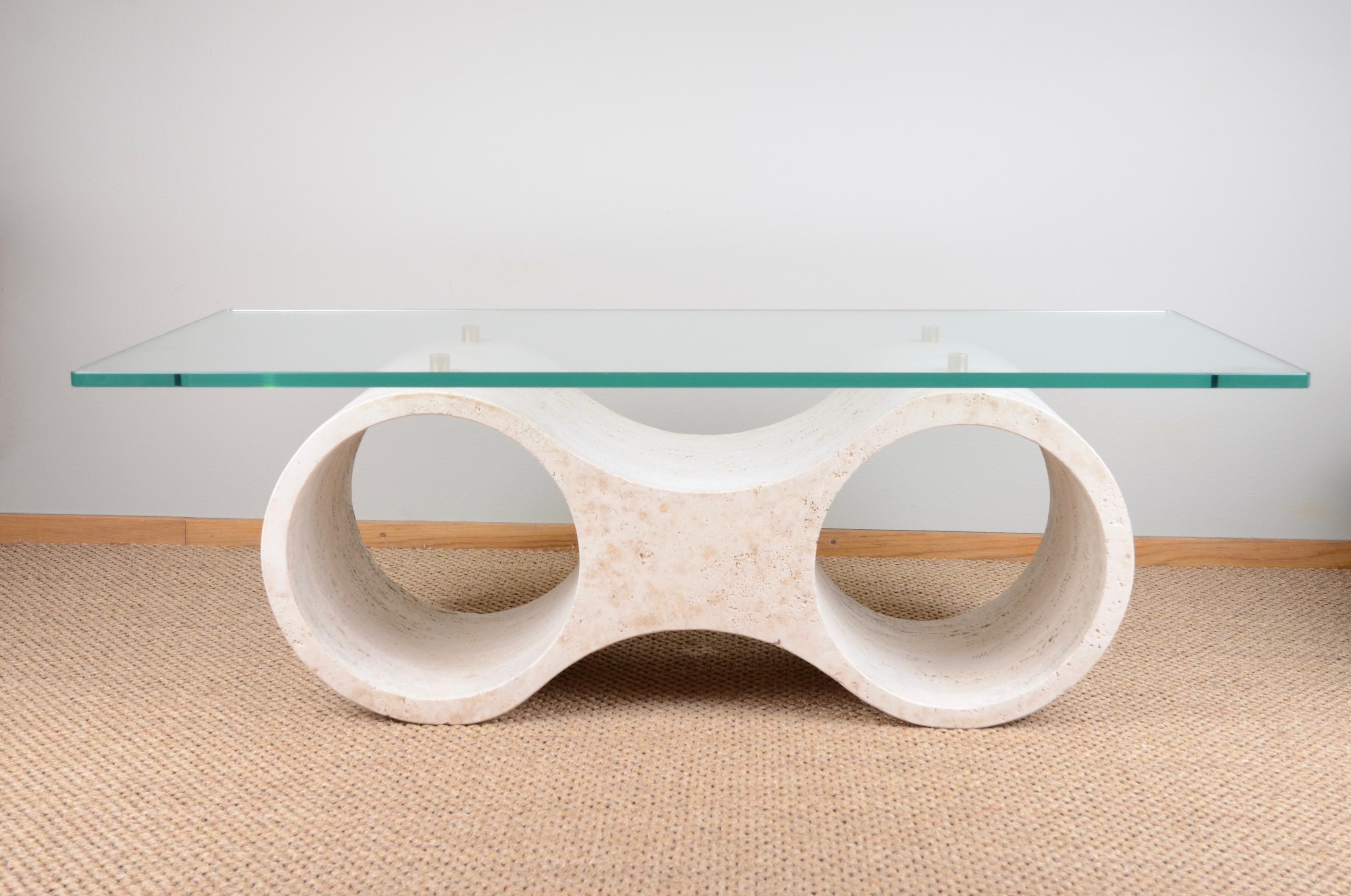 Italian sofa table in travertine with glass top, 1970s.