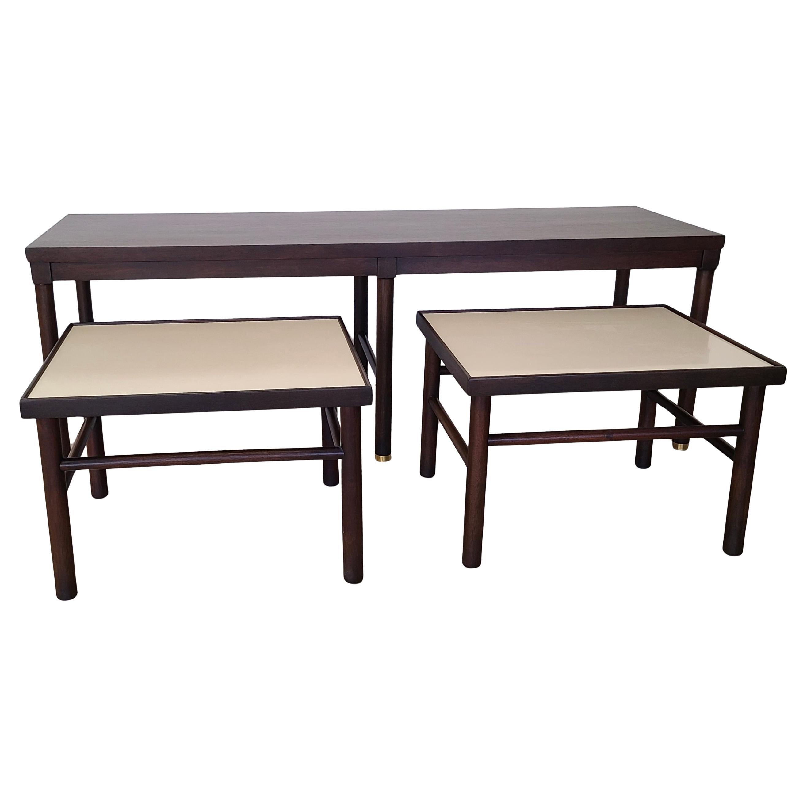 Sofa Table with Pair Nesting Cocktail Tables in the manner of Harvey Probber In Good Condition For Sale In Fraser, MI