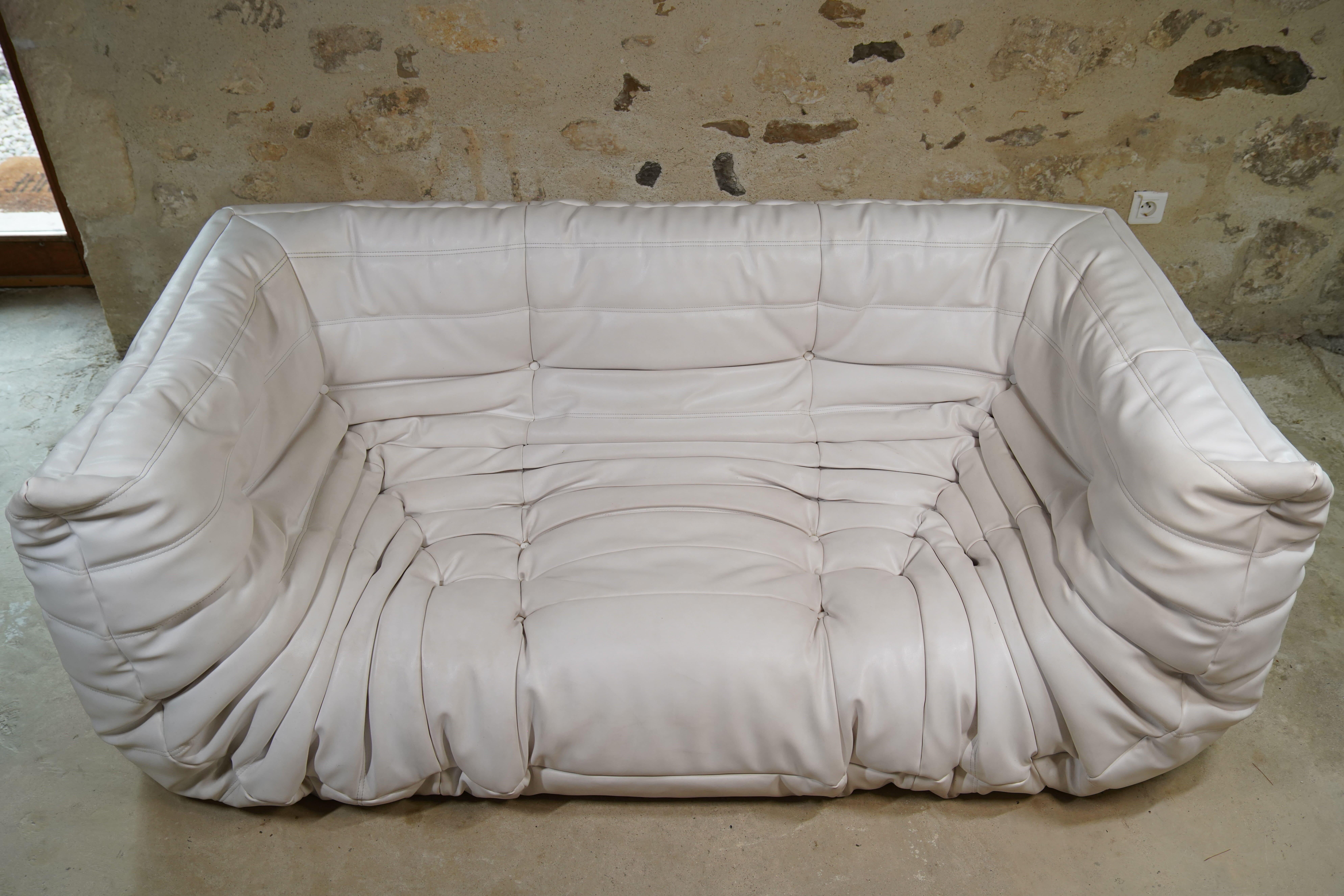 French White Leather Three-Seater Togo Sofa with Arms by Ligne Roset, 2007 For Sale