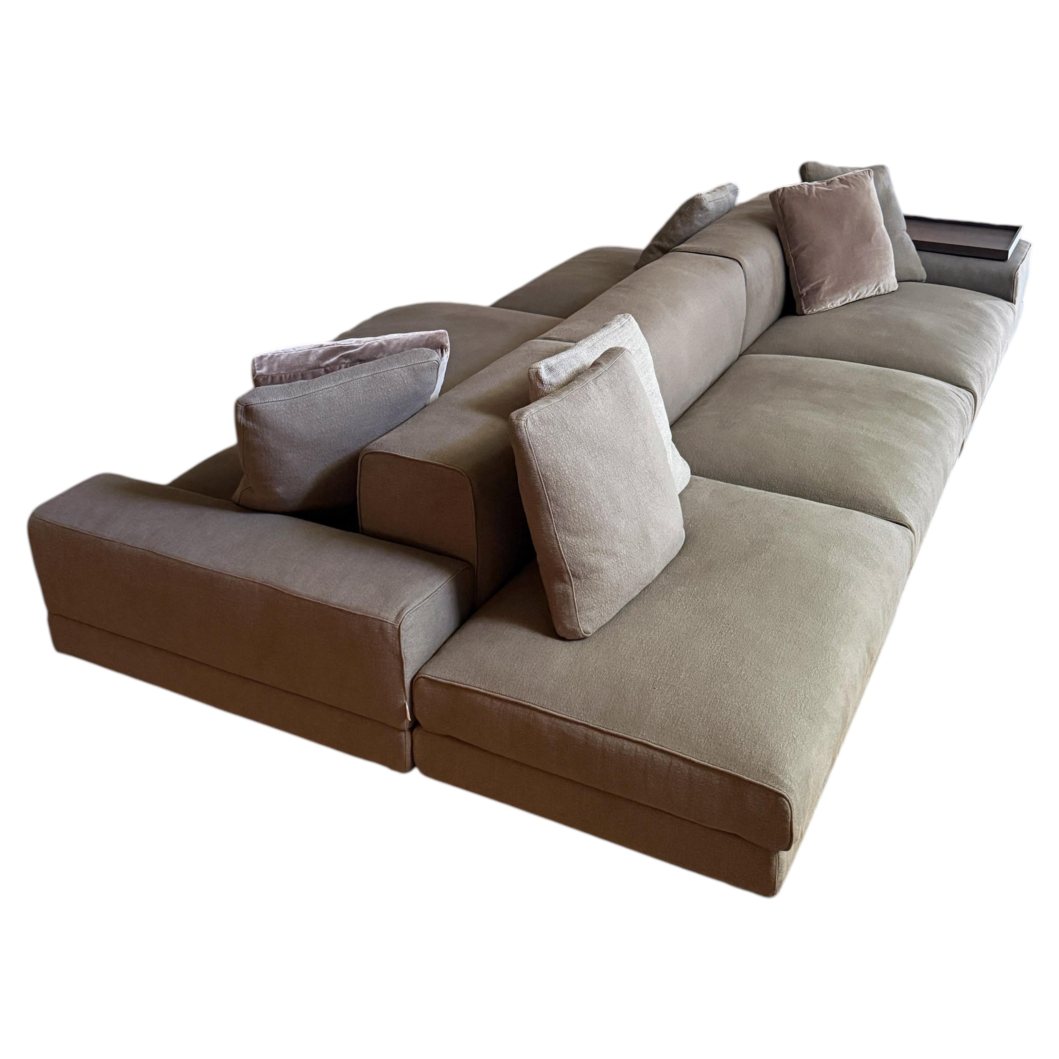 Sofa, Upholstered Modular Design, Gray Brown Fabric, Leather Tray Detail, Italy