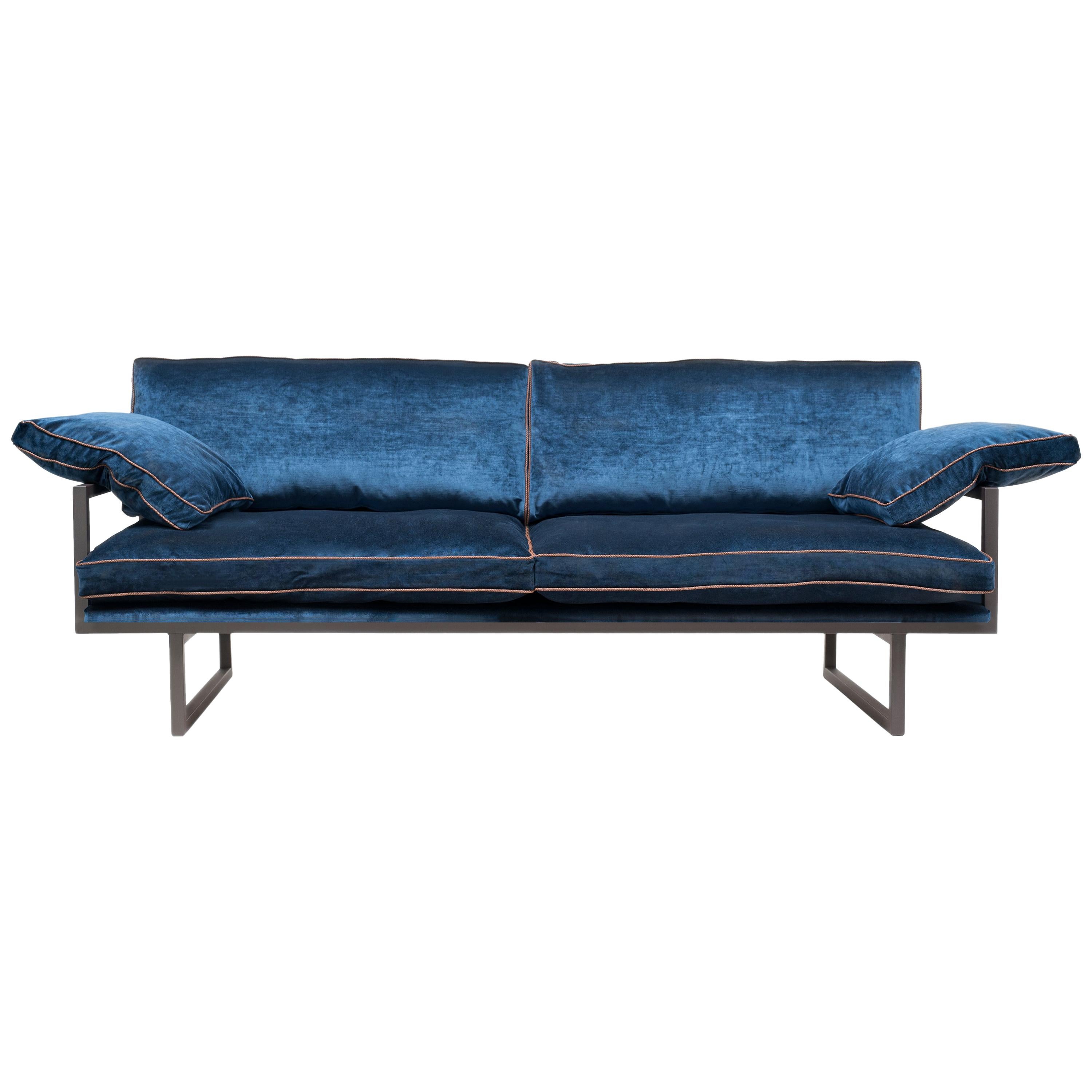 21st Century Modern Ristretto & Blue Velvet Fabric Brad S10 Sofa