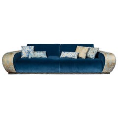 Sofa Venezia EticaLiving, Blue Fabric and Velvet, Made in Italy