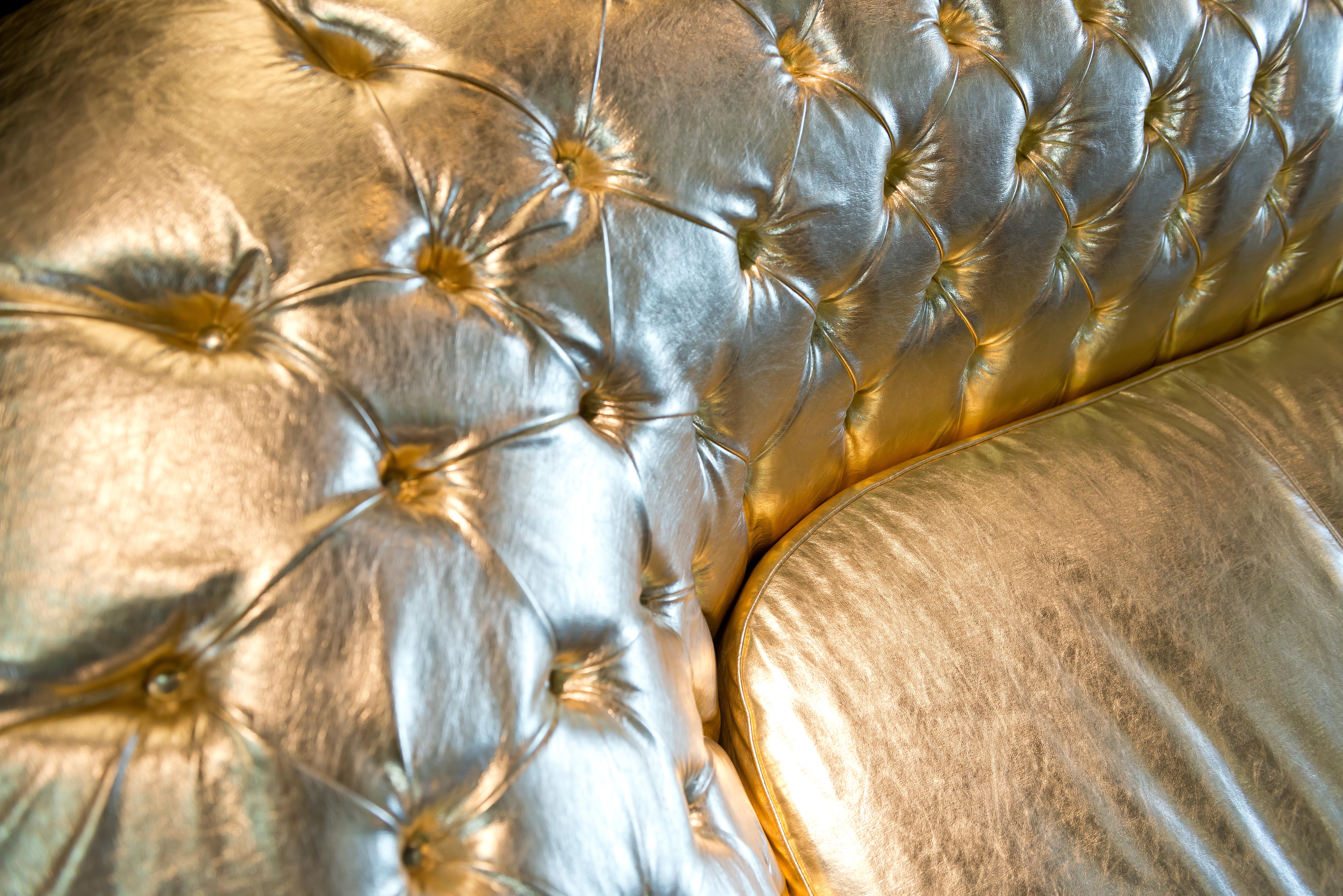Neoclassical Sofa Versailles, Capitonné Backrest, Gold Faux Leather, Italy For Sale