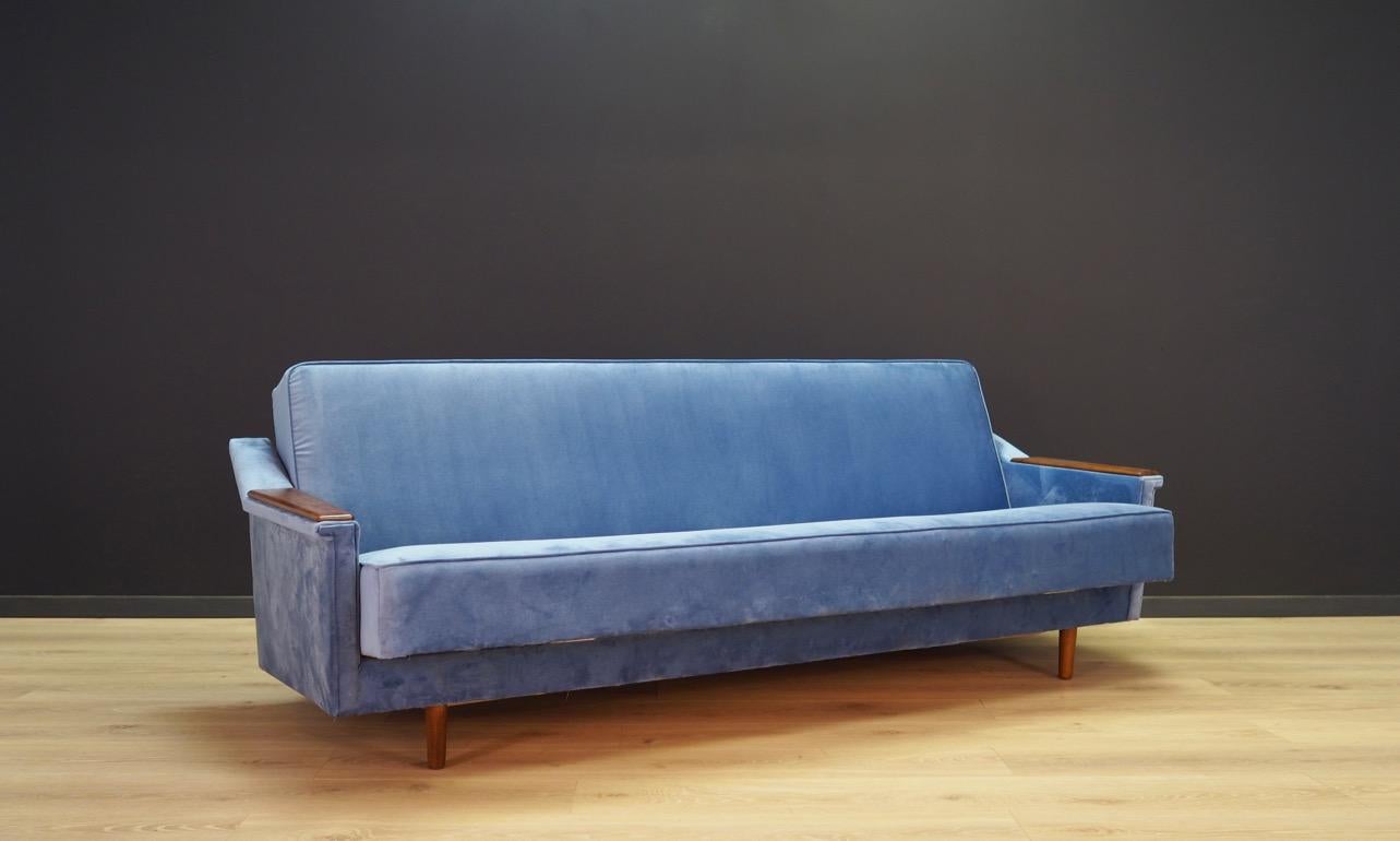 Phenomenal sofa from the 1960s-1970s, Scandinavian design, Minimalist form with the possibility of sleeping arrangements. Upholstery made of easy-cleaning fabric. Preserved in good condition (minor scratches and bruises on wooden armrests) -
