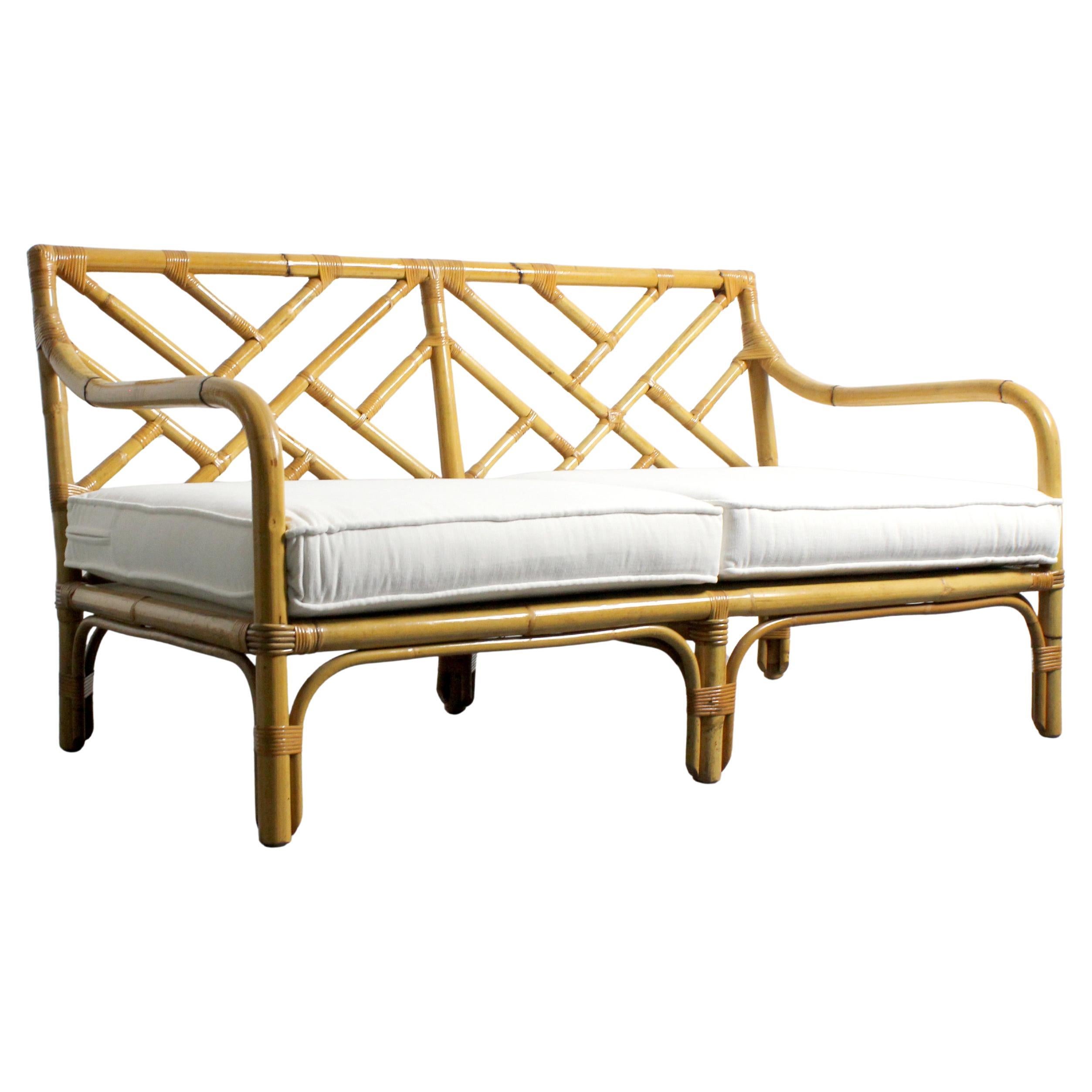 Sofa with bamboo frame, geometric decoration on the backrest, and white chenille For Sale