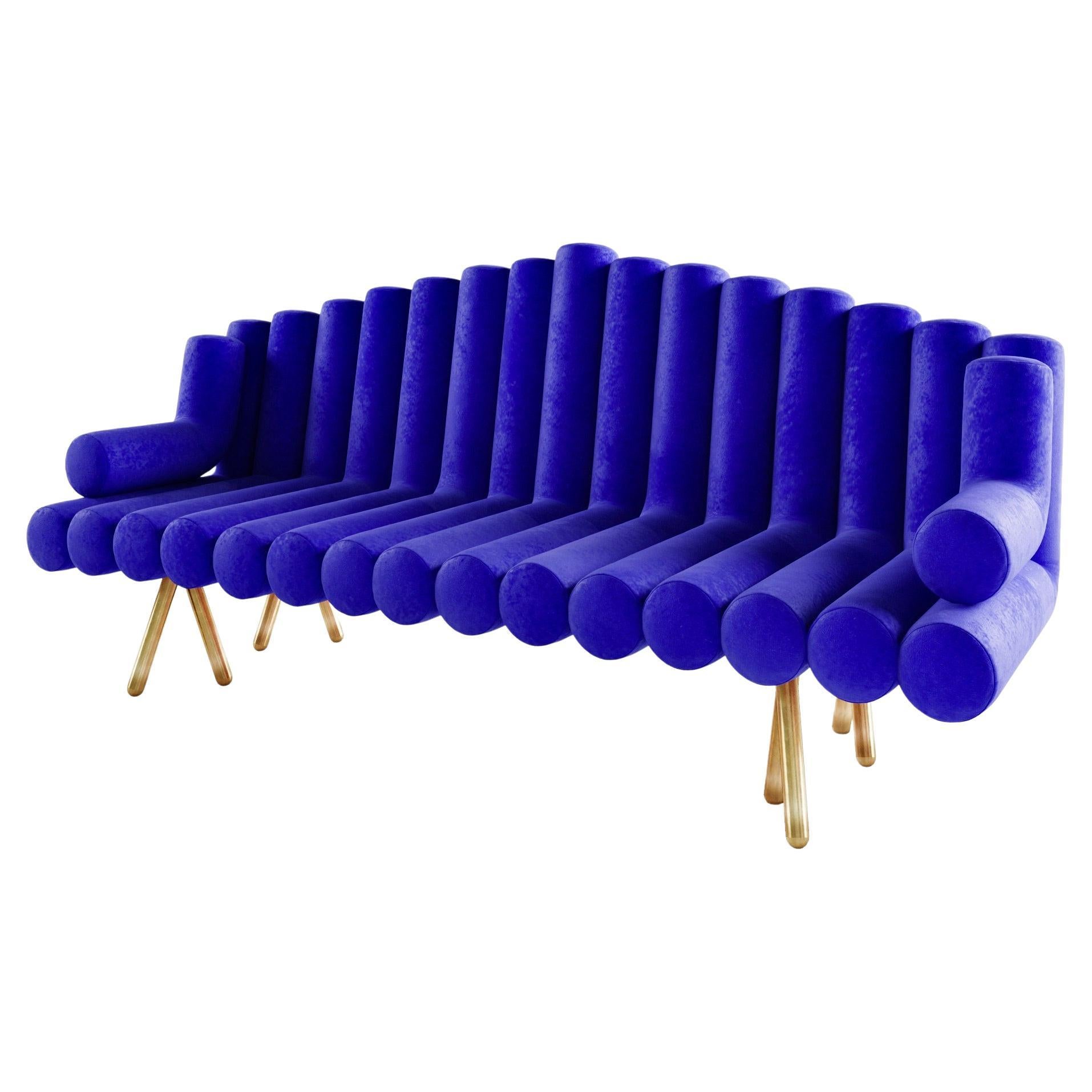 Sofa with Blue Mohair And Polished Brass Legs For Sale