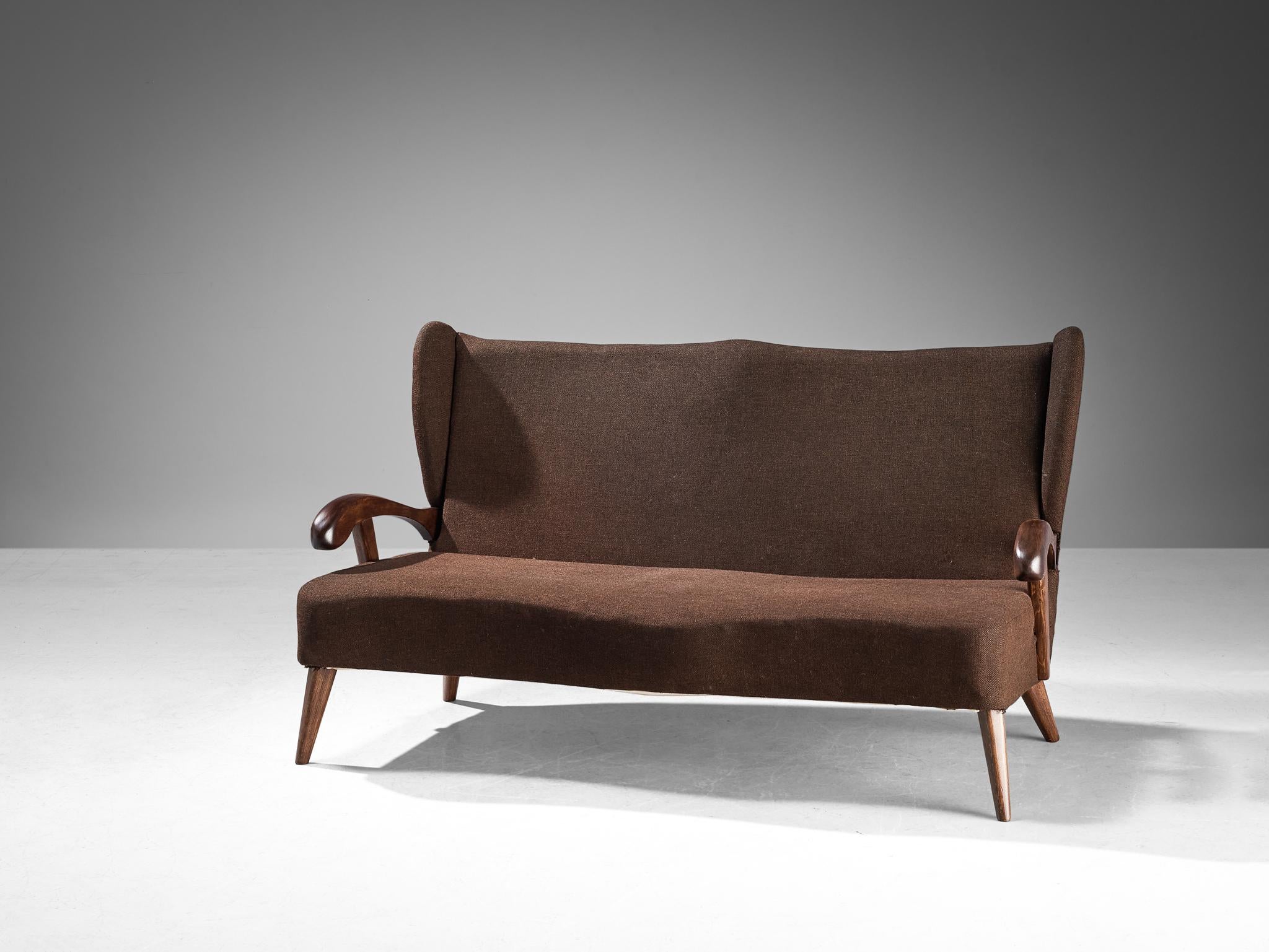 Fabric Sofa With Sculptural Armrests in Oak and Brown Upholstery For Sale