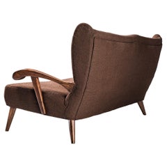 Sofa With Sculptural Armrests in Oak and Brown Upholstery 