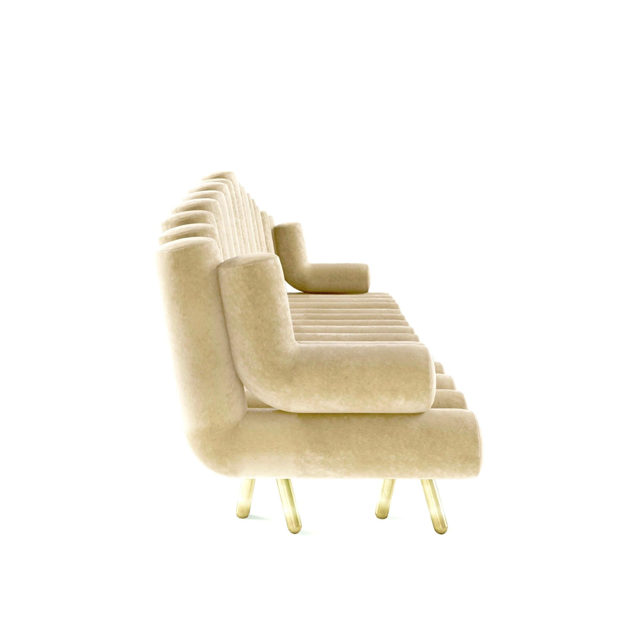 Art Deco Sofa with White Mohair And Polished Brass Legs For Sale