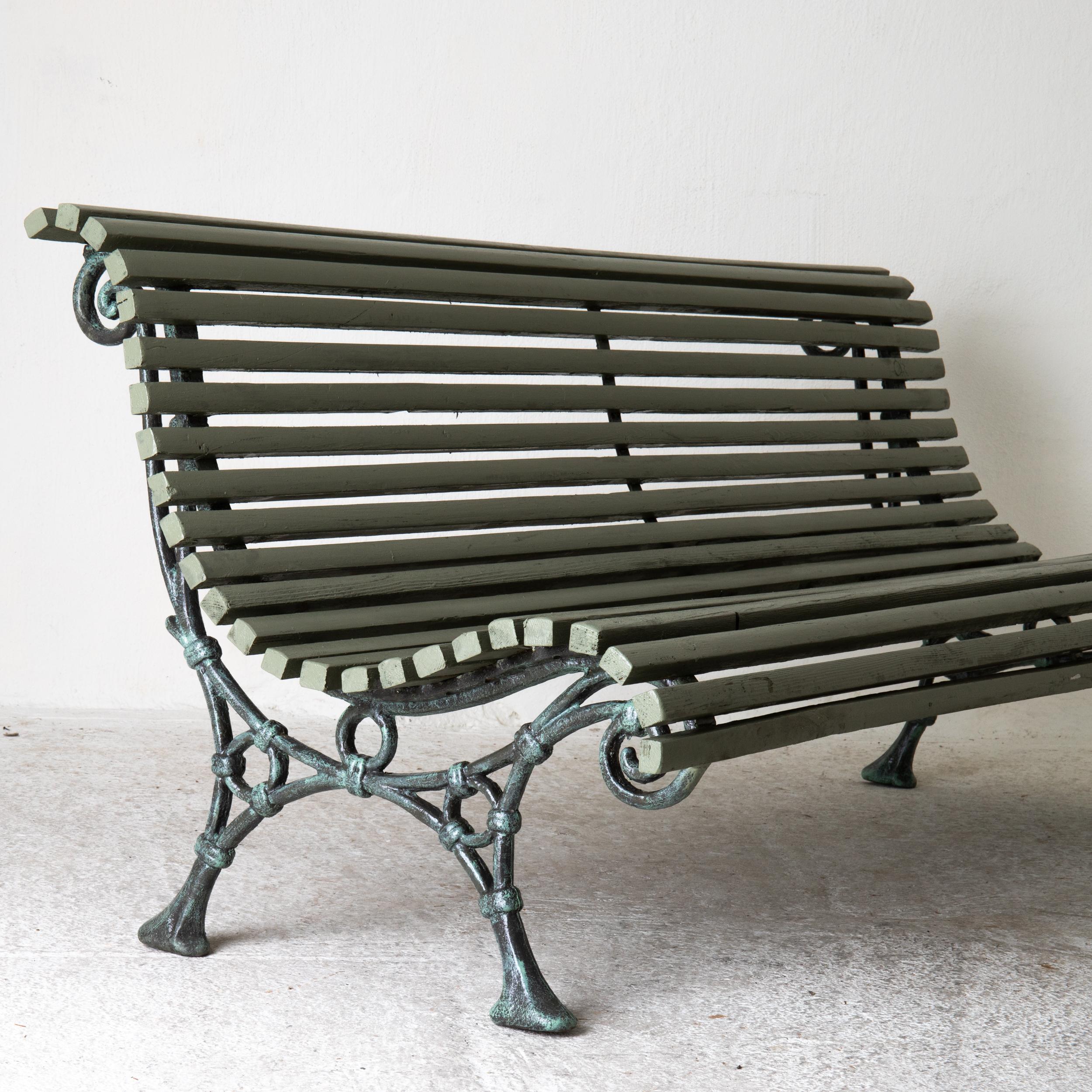 Hand-Painted Sofas Garden Pair Swedish Early 20th Century Green Wood and Iron Sweden