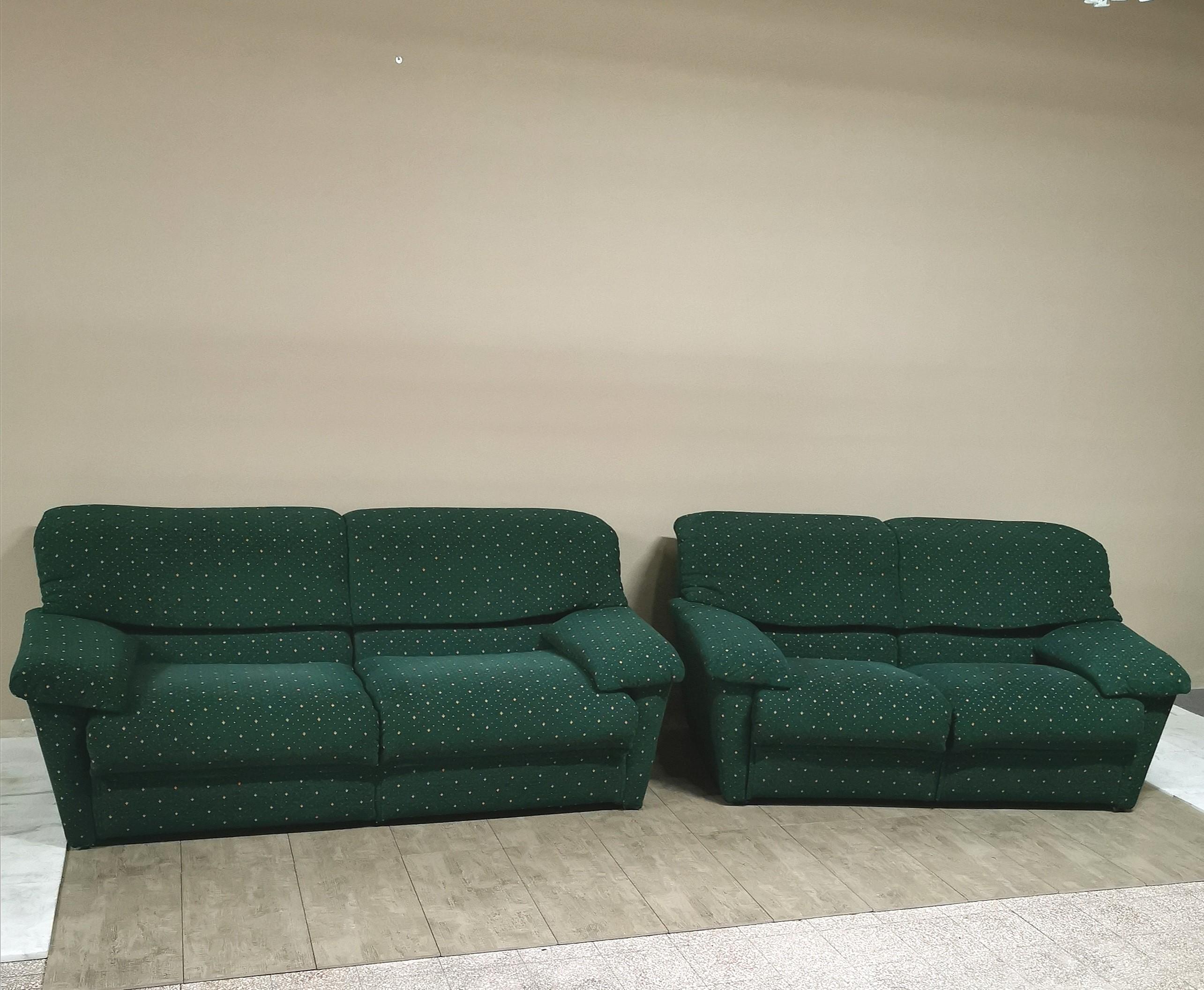 Set of 2 sofas produced by the postmodern Italian company Pol74. One sofa is 3-seat, the other 2-seat with relaxation mechanism, all in forest green striped velvet depicting small rhombus designs in relief with reclining headrests and removable and