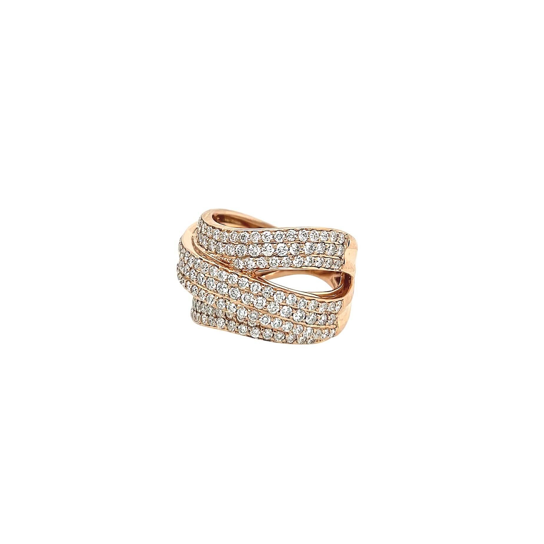 A 14 karat rose gold and diamond ring, Sofer.  Designed as a wavy split triple band ring with one band crossing over the the other two set with approximately 161 round brilliant cut diamonds.  3.49 carats.  Size approximately 6 3/4.  Gross weight