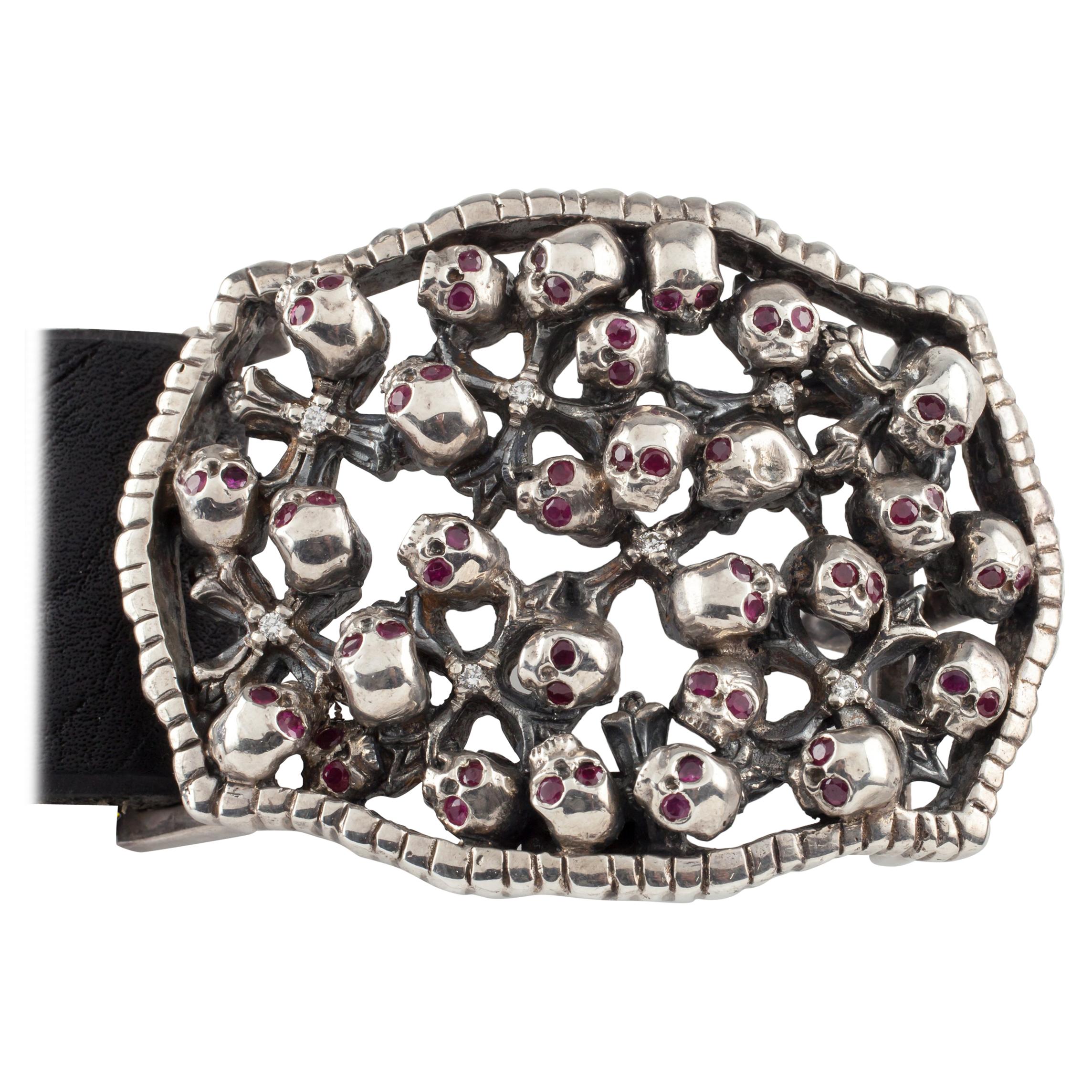 Soffer Ari Sterling Silver Ruby and Diamond Gothic Arsenal Skulls Belt & Buckle