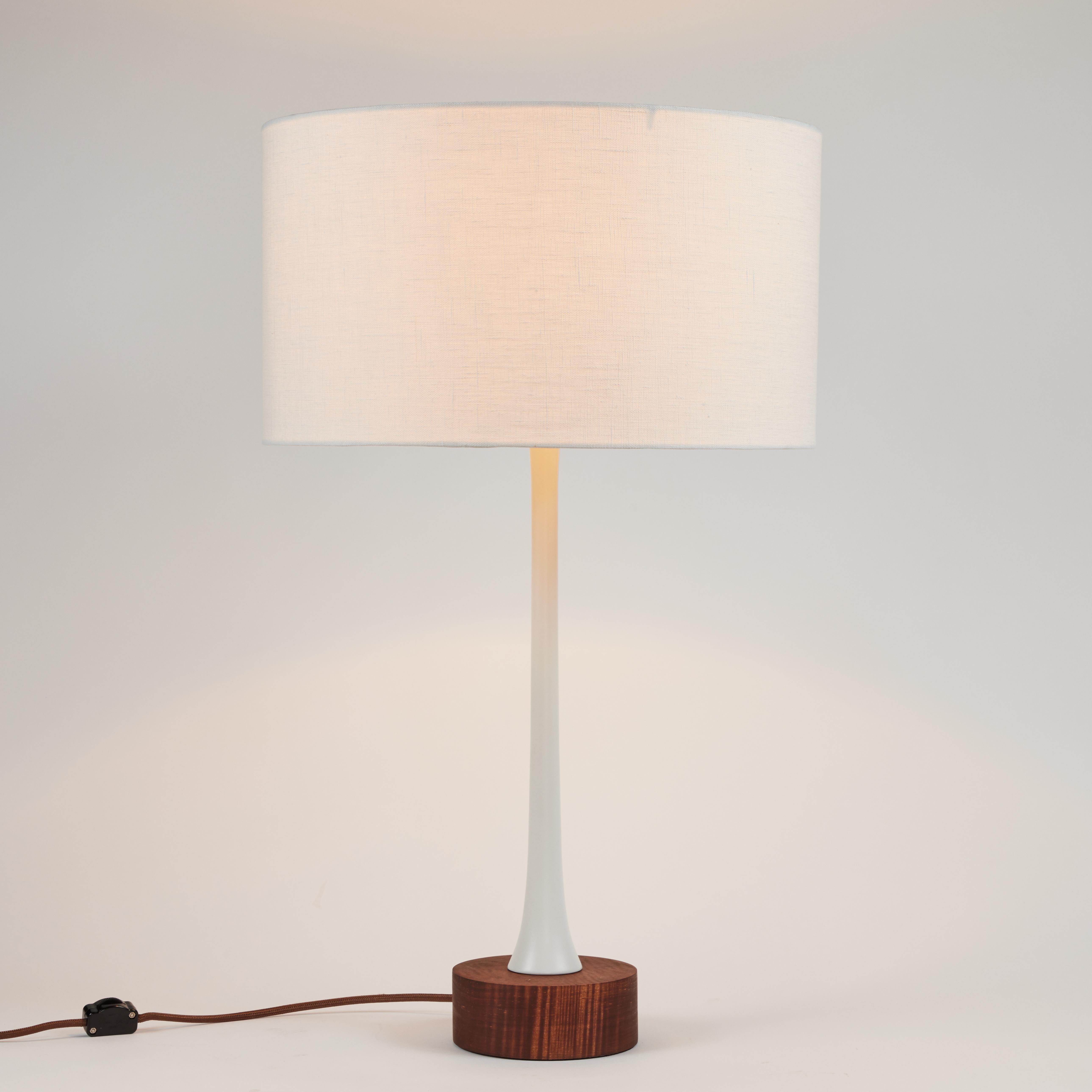 'Sofi' metal and wood table lamp by Alvaro Benitez. Hand-fabricated by Los Angeles based designer and lighting professional Alvaro Benitez, these highly refined table lamps are reminiscent of the iconic midcentury Italian designs of Eero Saarinen