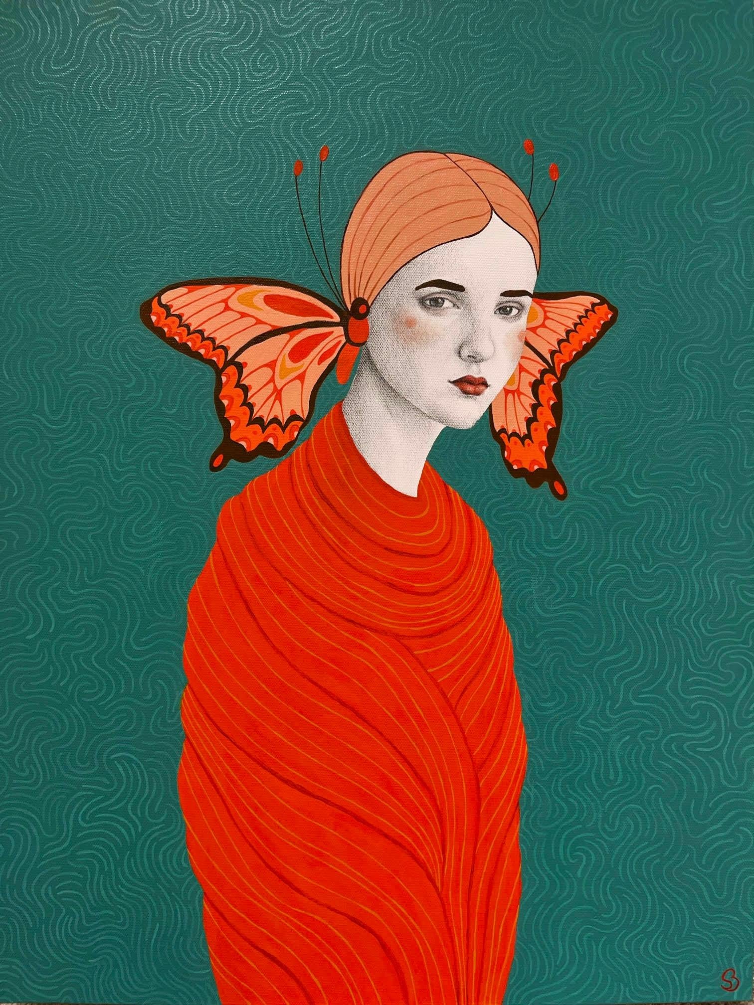 Sofia Bonati Figurative Painting - "Athalia" acrylic portrait painting of a girl wrapped in orange, butterfly wings