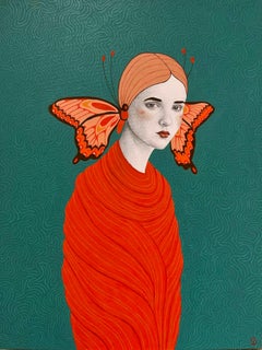 „Athalia“ Acrylporträtgemälde eines Mädchens, das mit orangefarbenen Schmetterlingsflügeln umwickelt ist