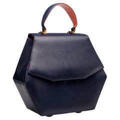 Sofia Fima Geometric Navy Leather Handbag with Pink Suede Interior