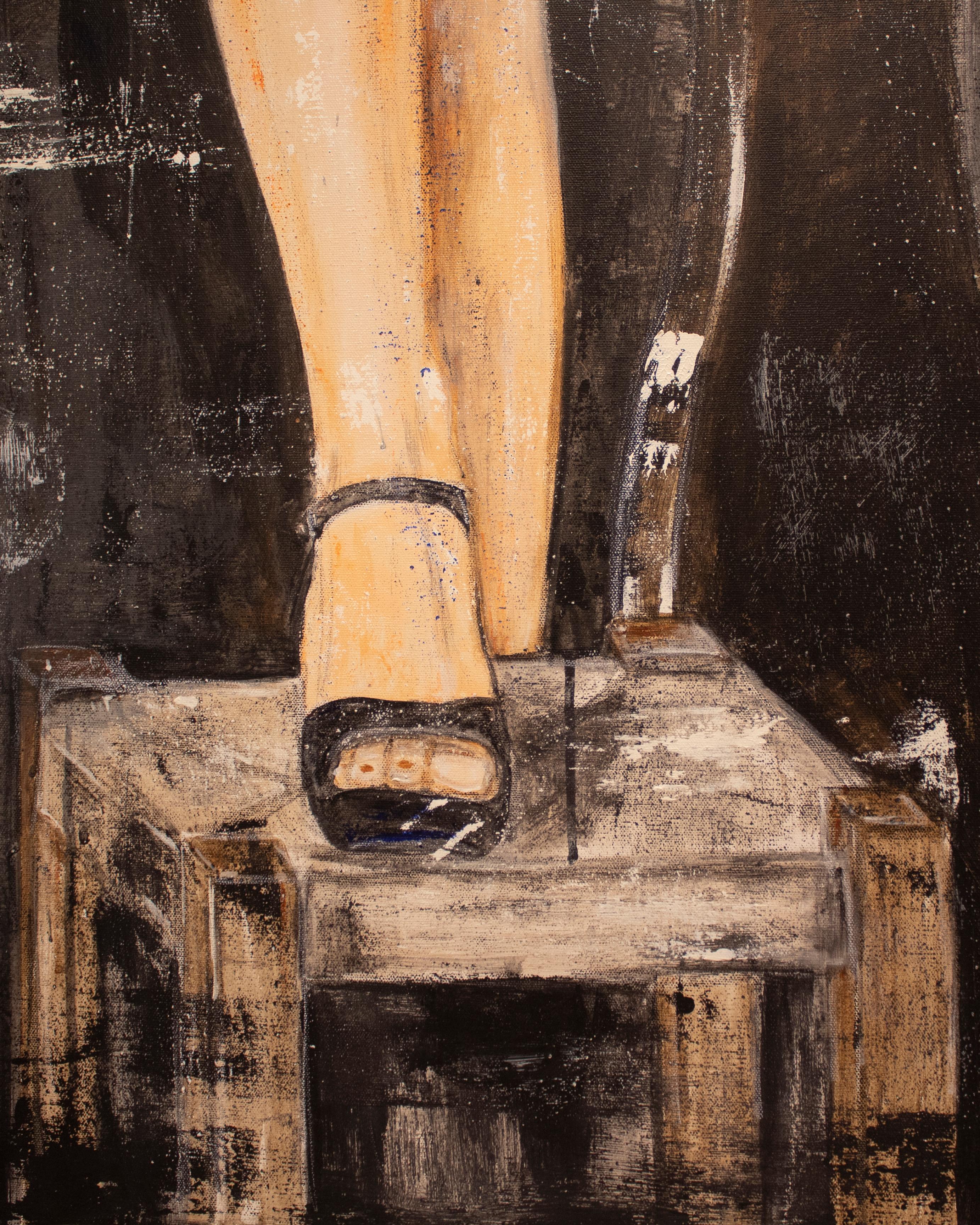 Painting by Sofia Simões, drinking with friends, acrylic on canvas, 2018. The work features a woman in a bar, sitting on a table and with one foot resting on a bench. Signed in the lower right corner, “Sofia Simões”.
