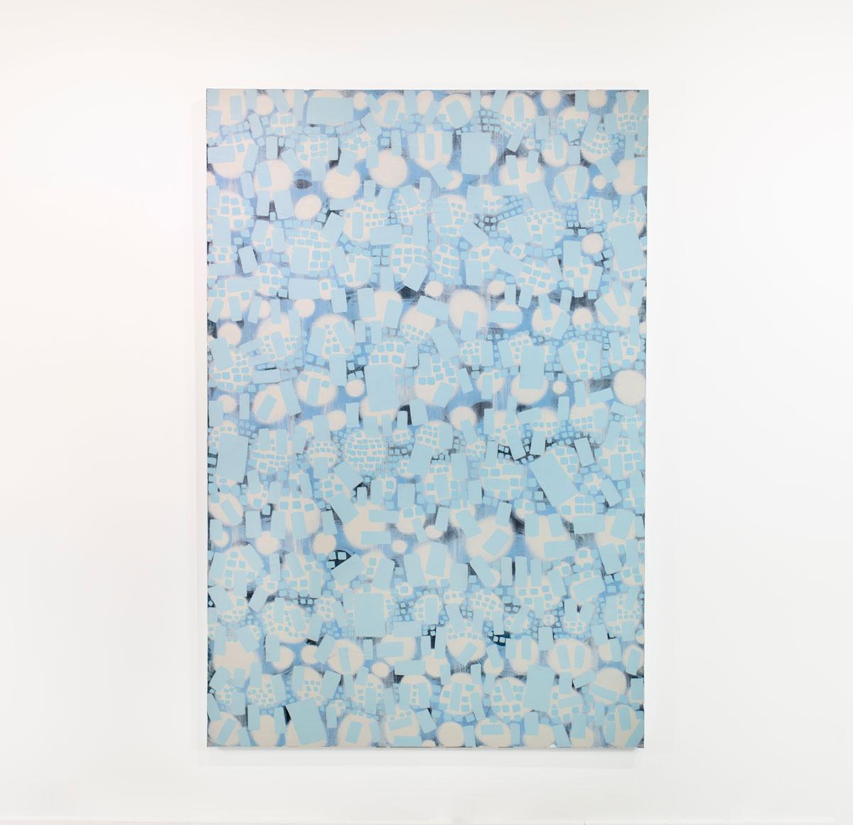 This large abstract statement painting by Sofie Swann features a light blue and white palette, with organic circular and rectangular shapes layered throughout the canvas. This painting is made on gallery wrapped canvas with painted sides. It is