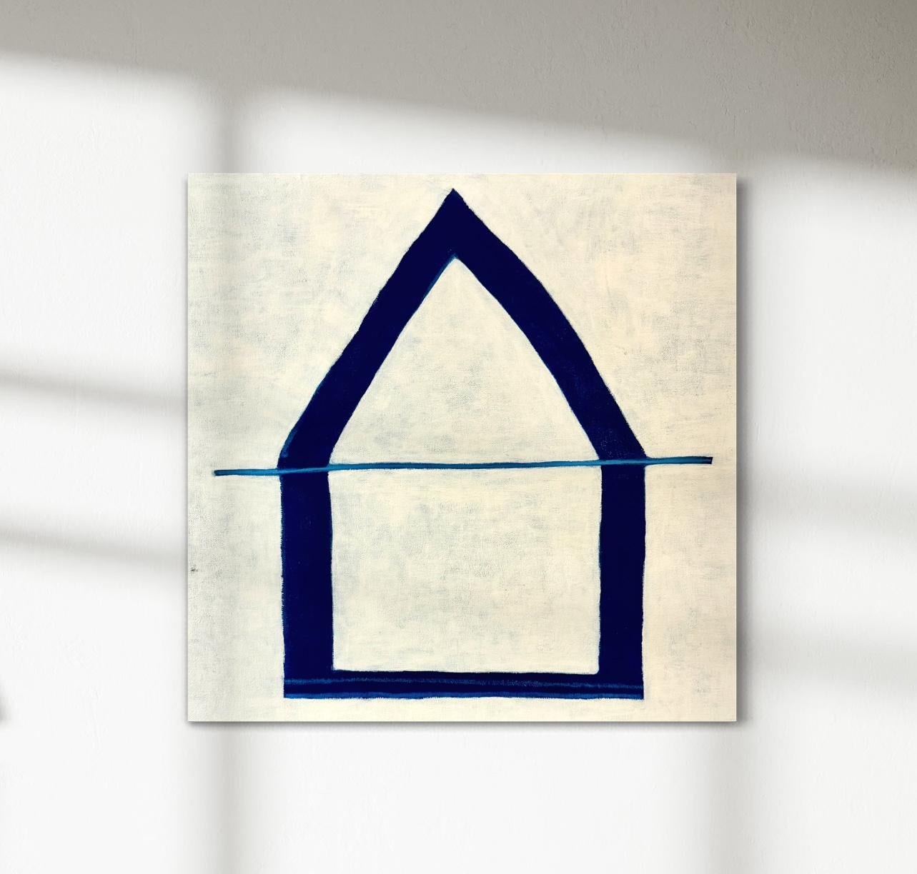 This abstract painting by Sofie Swann features a light neutral background with a simple, deep midnight blue outline of a house shape in the center of the composition. This painting is made on gallery wrapped canvas with painted sides. It is signed