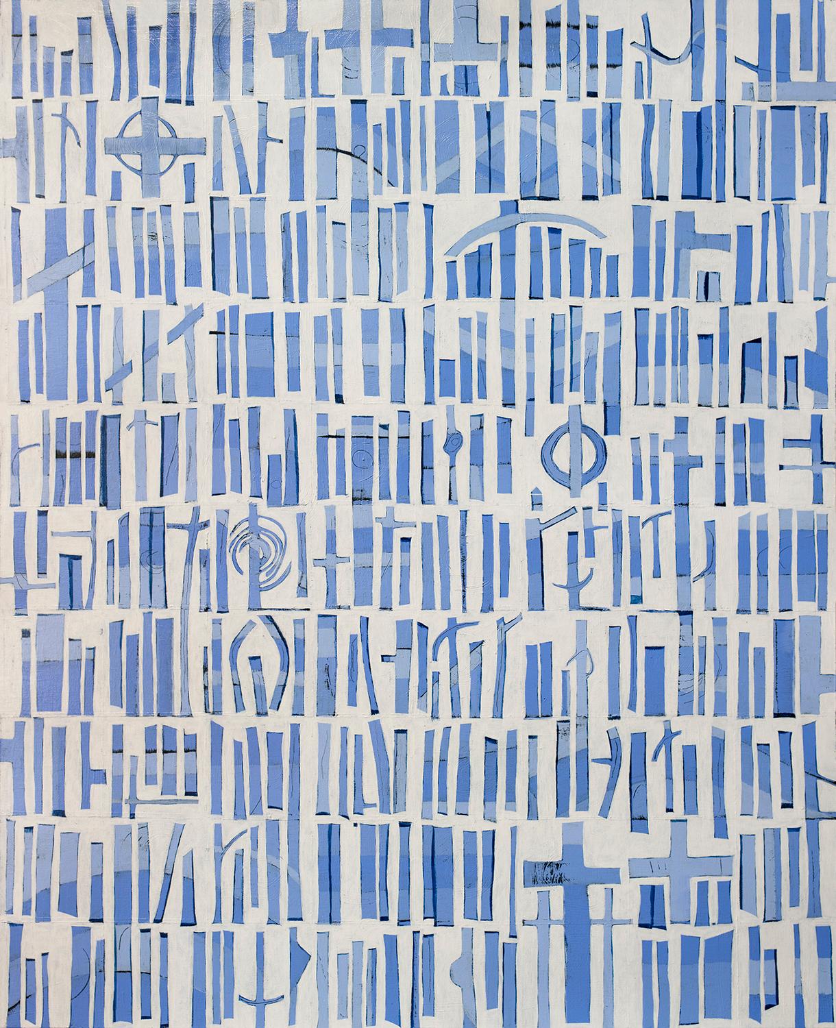 This large, abstract painting by Sofie Swann is made with acrylic paint on canvas. Sofie Swann marries geometric and organic shapes together, giving life and movement to what would otherwise look to be a pattern of blue shapes on a white background.