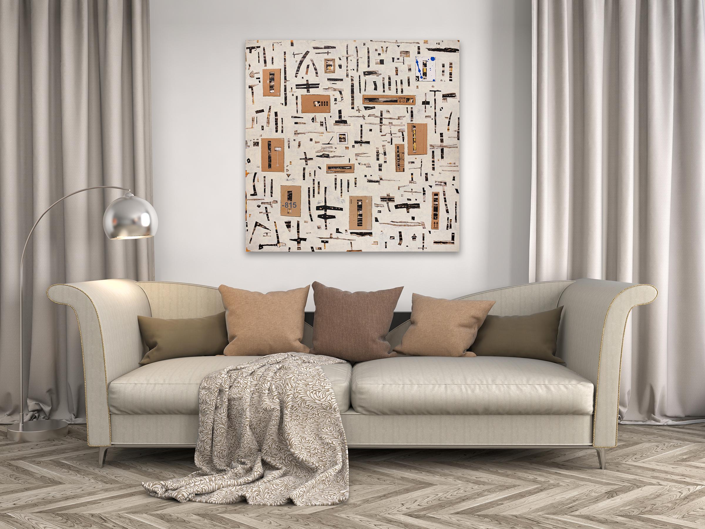 This abstract contemporary painting is made with acrylic pain, cardboard, and Persian tea on canvas. It features a neutral palette, with a warm, light beige background, and brown, black, and beige criss-crossing rectangular shapes patterned