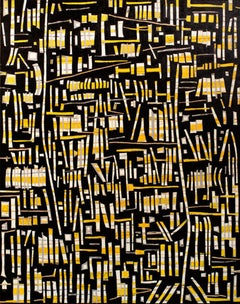 "Bibliotheque" Acrylic Painting - Abstract, yellow, black, modern, elegant