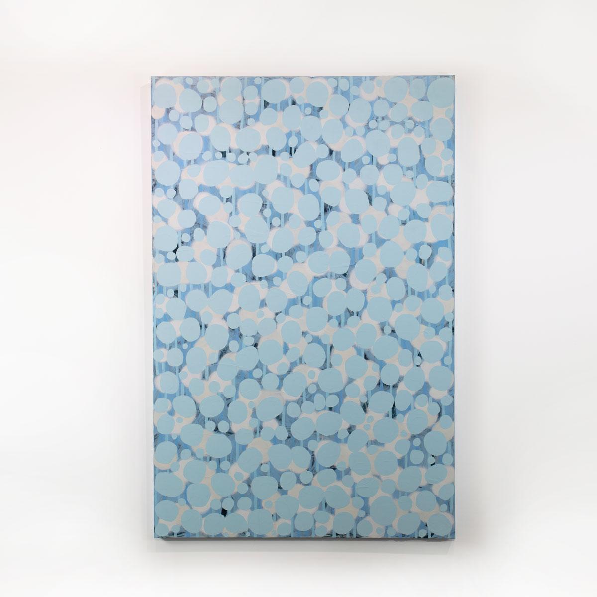 This large abstract statement painting by Sofie Swann features a light blue and white palette, with organic circular shapes layered throughout the canvas. This painting is made on gallery wrapped canvas with painted sides. It is signed by the artist
