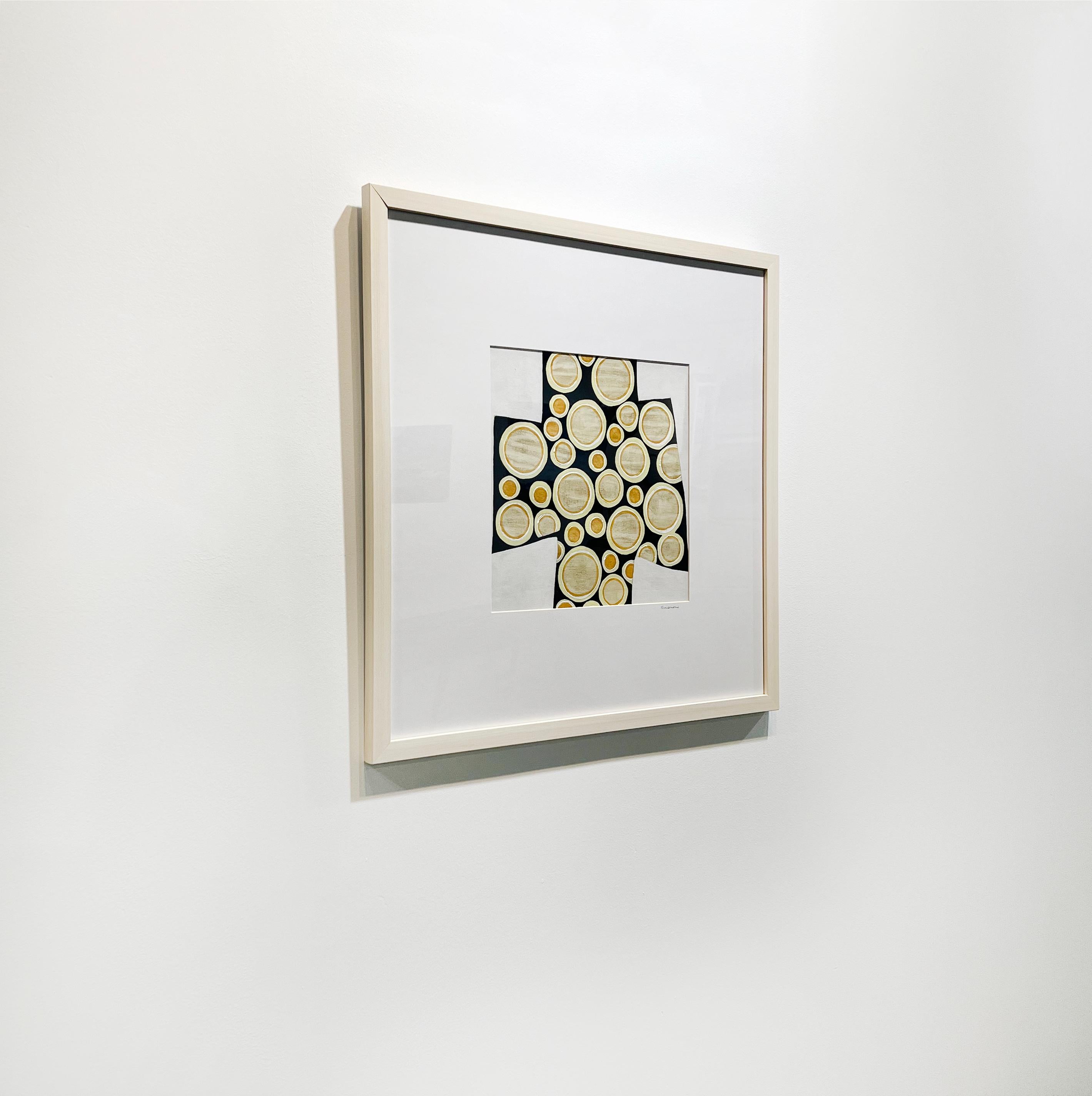 This painting is made with acrylic paint and Persian tea on paper, and is matted and framed in an off-white natural frame. The piece itself is 12
