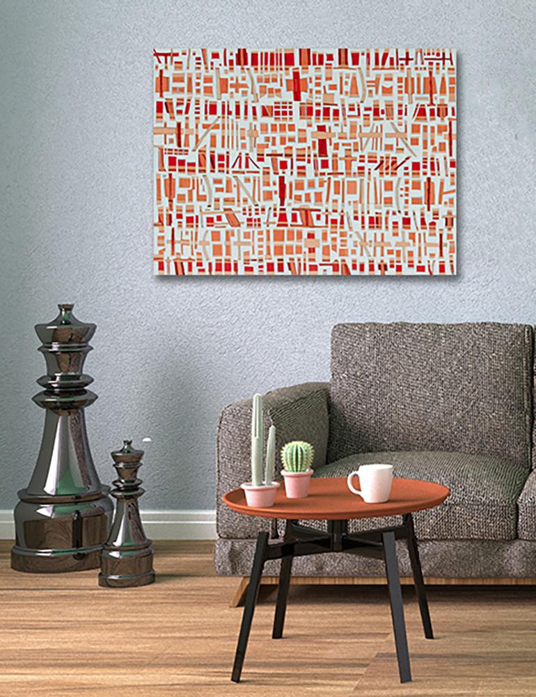 This large abstract painting by Sofie Swann features red and orange abstract geometric shapes on a white background. The rectangular shapes criss-cross, never making a true pattern. It is wired and ready to hang. 

Sofie Swann is an American artist,