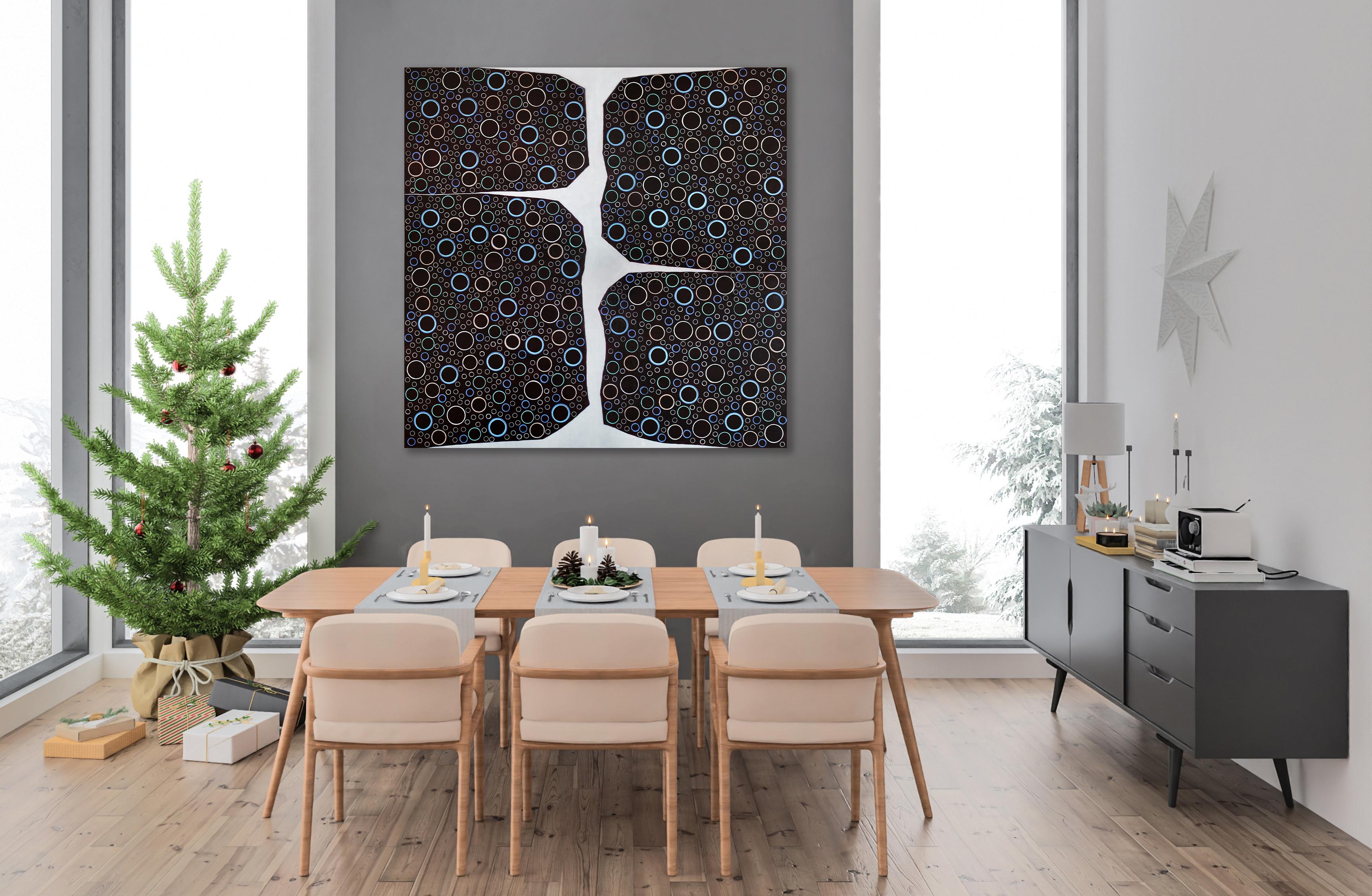 This large-scale original painting by Sofie Swann is made with acrylic paint on canvas. A square format, it features dark shapes, each composed of two parts, that emerge from either side of the canvas and nearly meet in the middle, leaving a