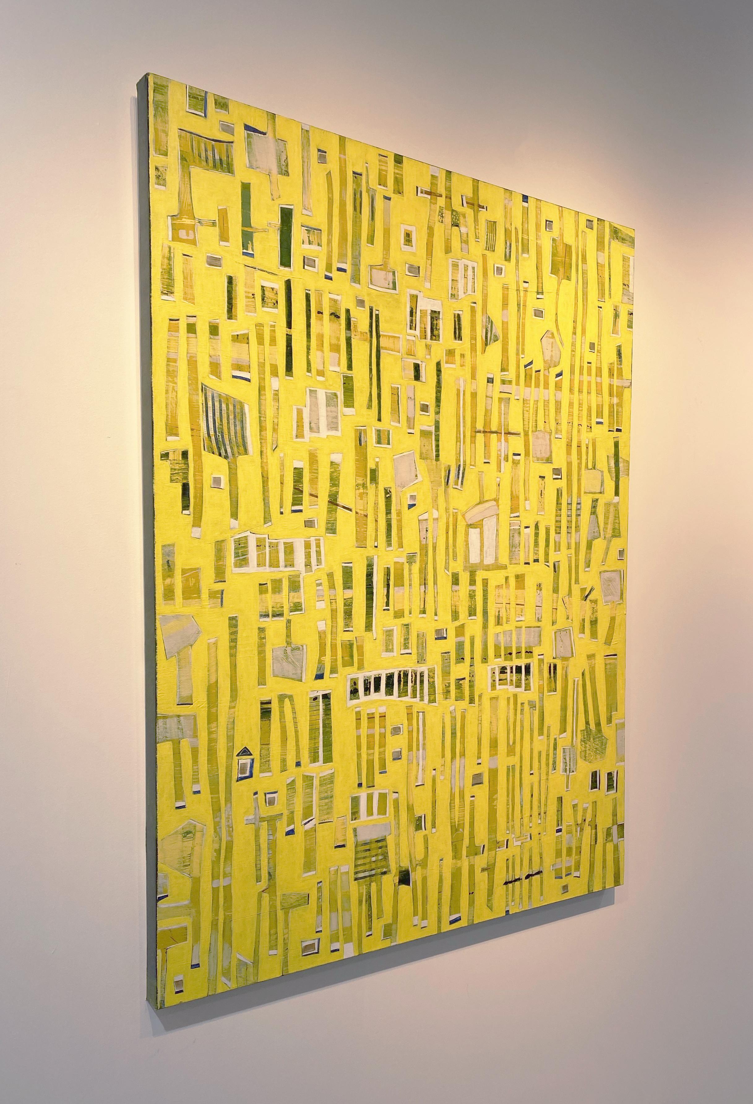 This abstract painting is predominantly a bright shade of yellow. Vertical rectangular shapes which are shades of brown, striped, encapsulated in larger white rectangles, pattern and cover the canvas. A warm palette, it is wired and ready to hang.