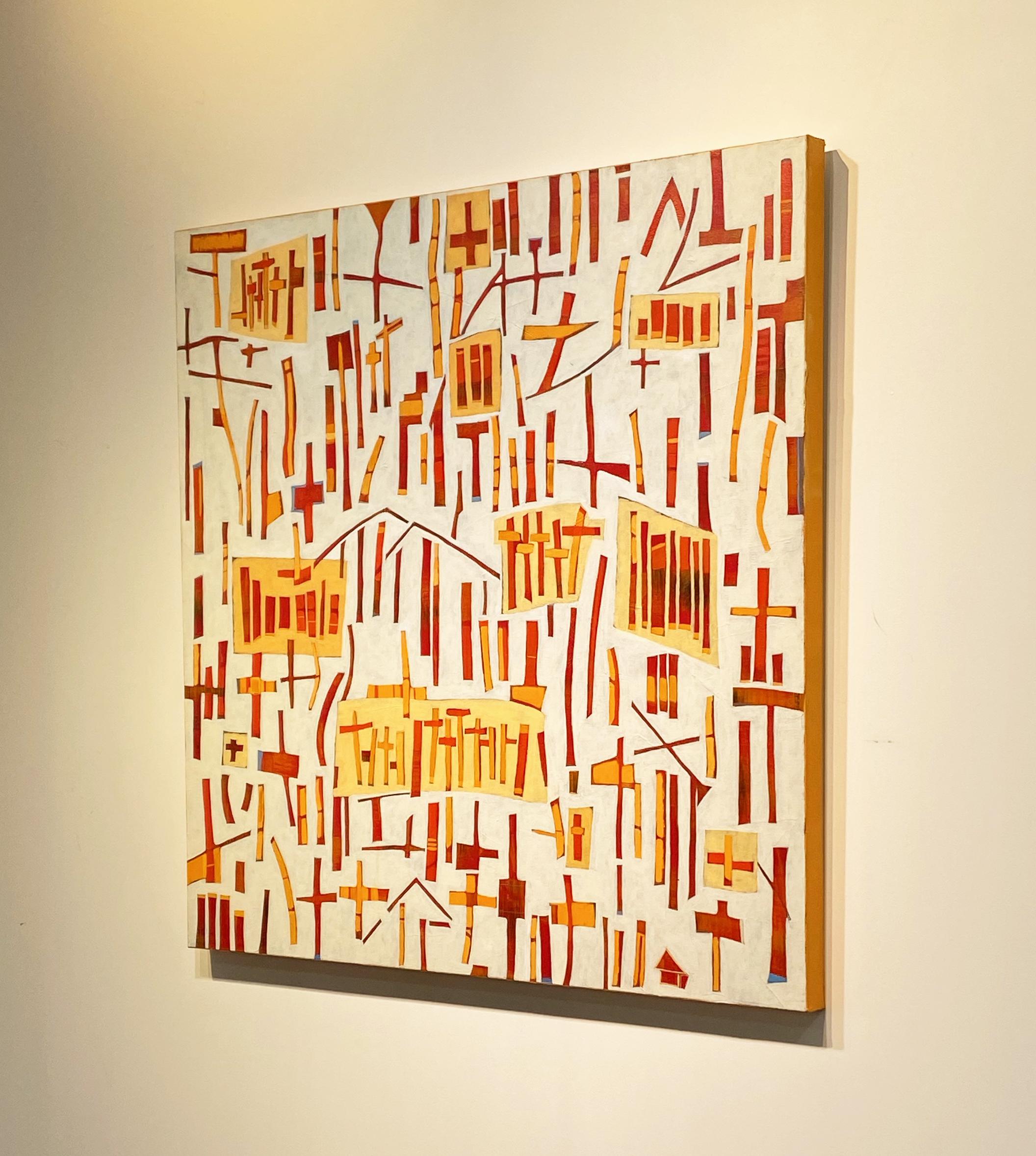 This. abstract painting by Sofie Swann is made with acrylic paint on gallery wrapped canvas. Yellow, red, and orange rectangular shapes overlap closely, covering the entire white background of the canvas. It is wired and ready to hang. 

Sofie Swann