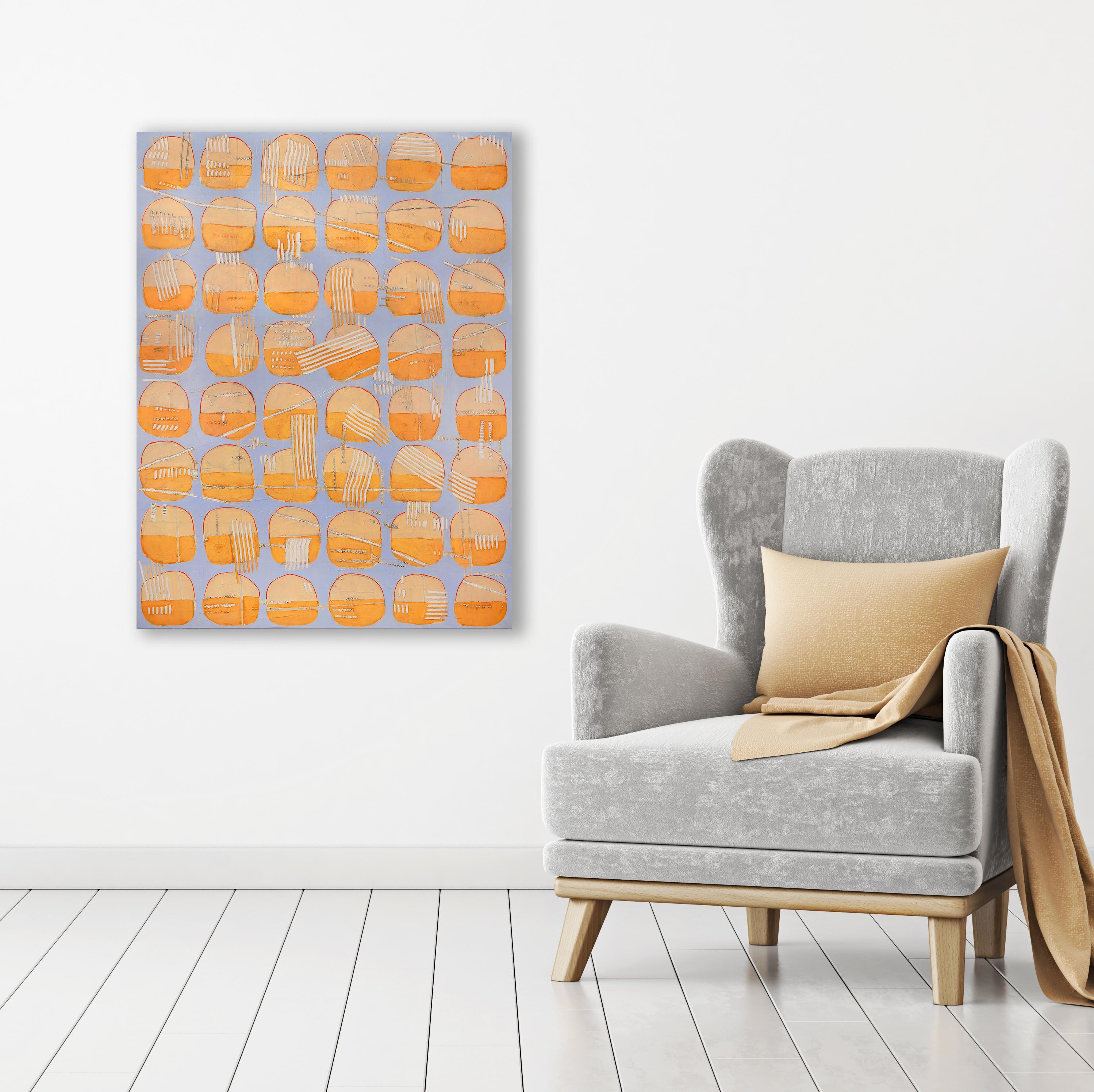 This large abstract painting by Sofie Swann is made with acrylic paint and Persian tea on canvas. Circle-like shapes which are half sand-colored and half orange, and lightly outlined in red, pattern the entire composition. Clusters of parallel white
