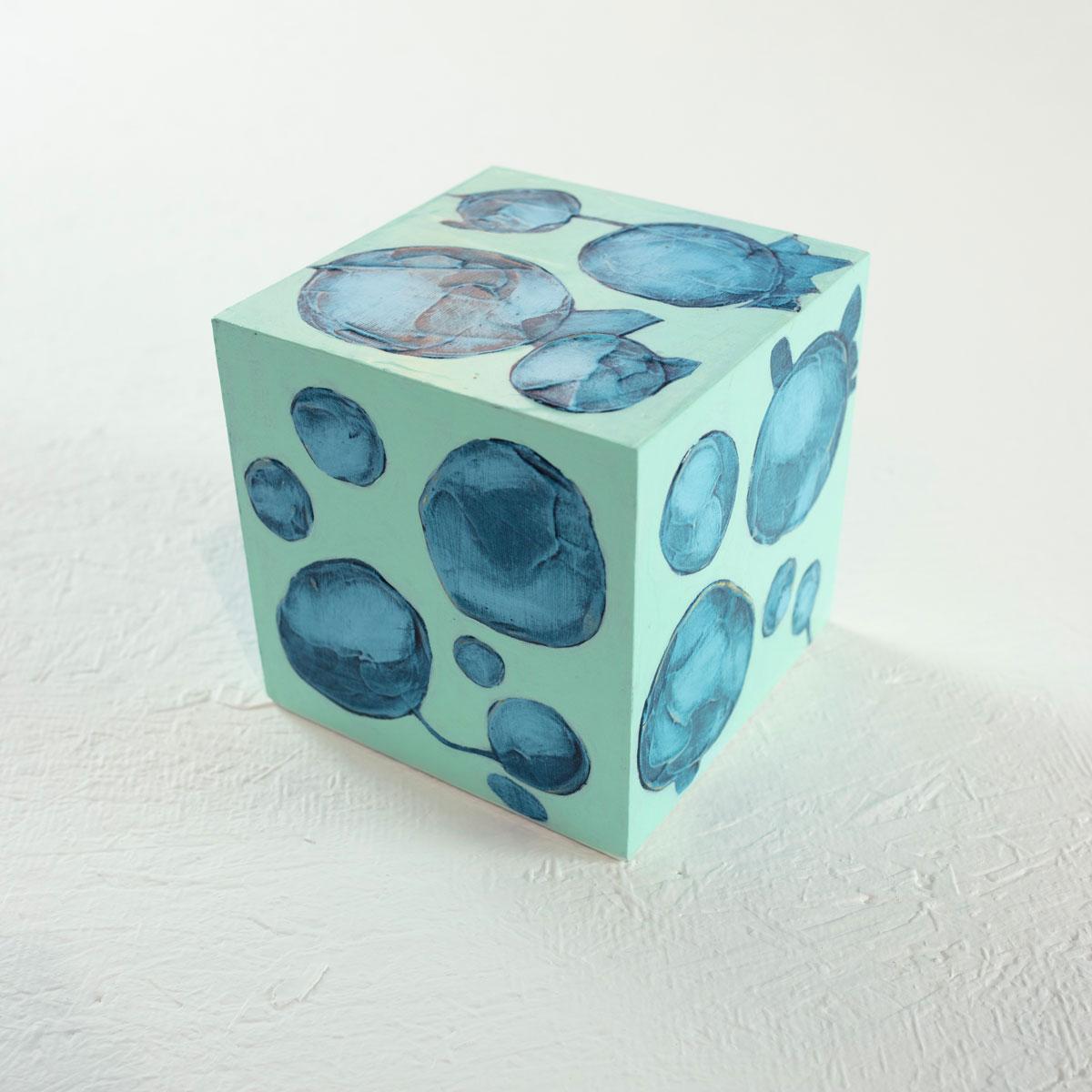 Sofie Swann Abstract Painting - "Little Swann 10" Painted Wooden Cube Sculpture