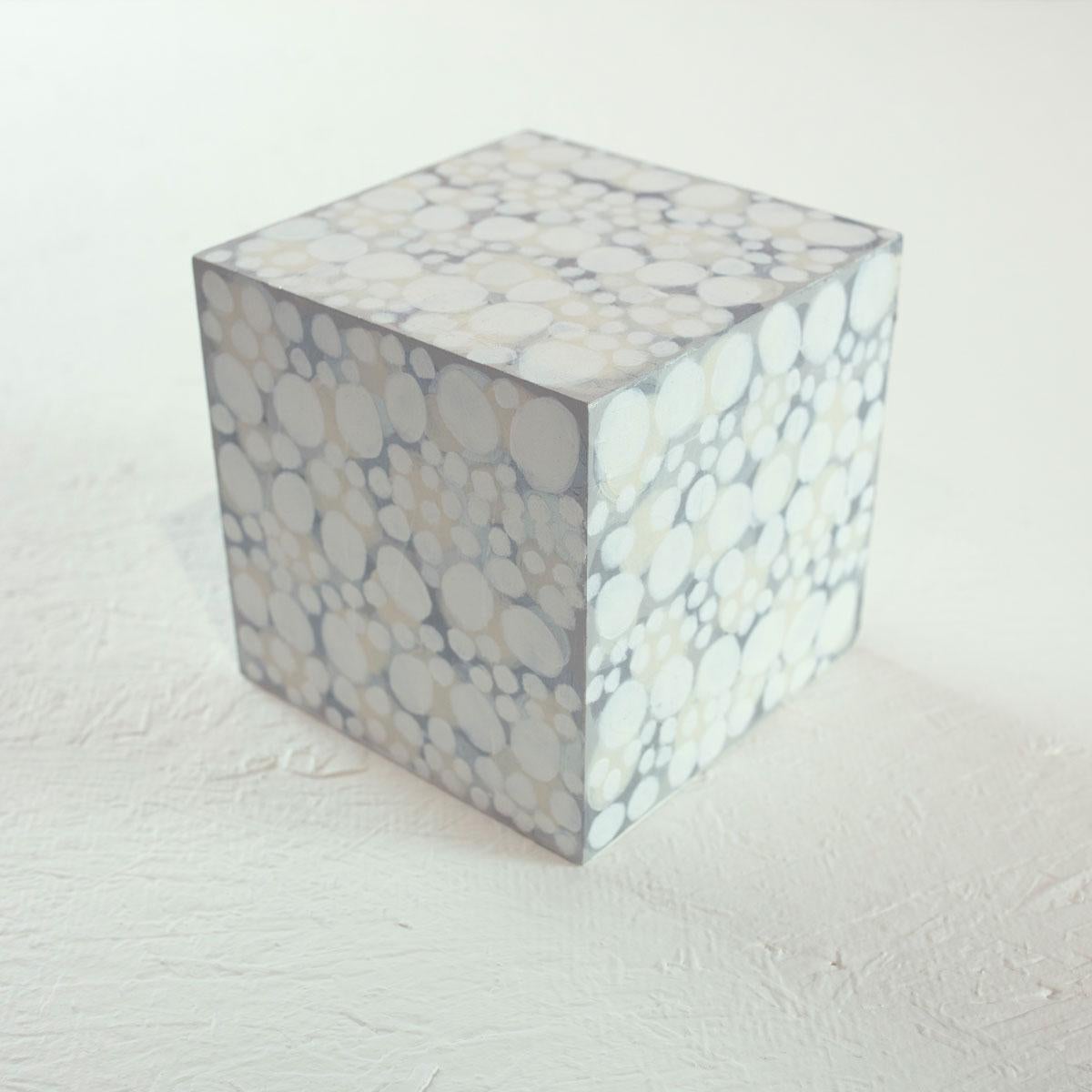 Sofie Swann Abstract Painting - "Little Swann 4" Painted Wooden Cube Sculpture