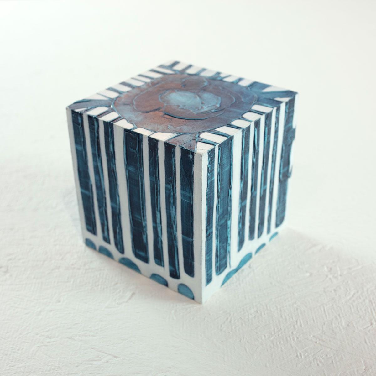 Sofie Swann Abstract Painting - "Little Swann 5" Painted Wooden Cube Sculpture