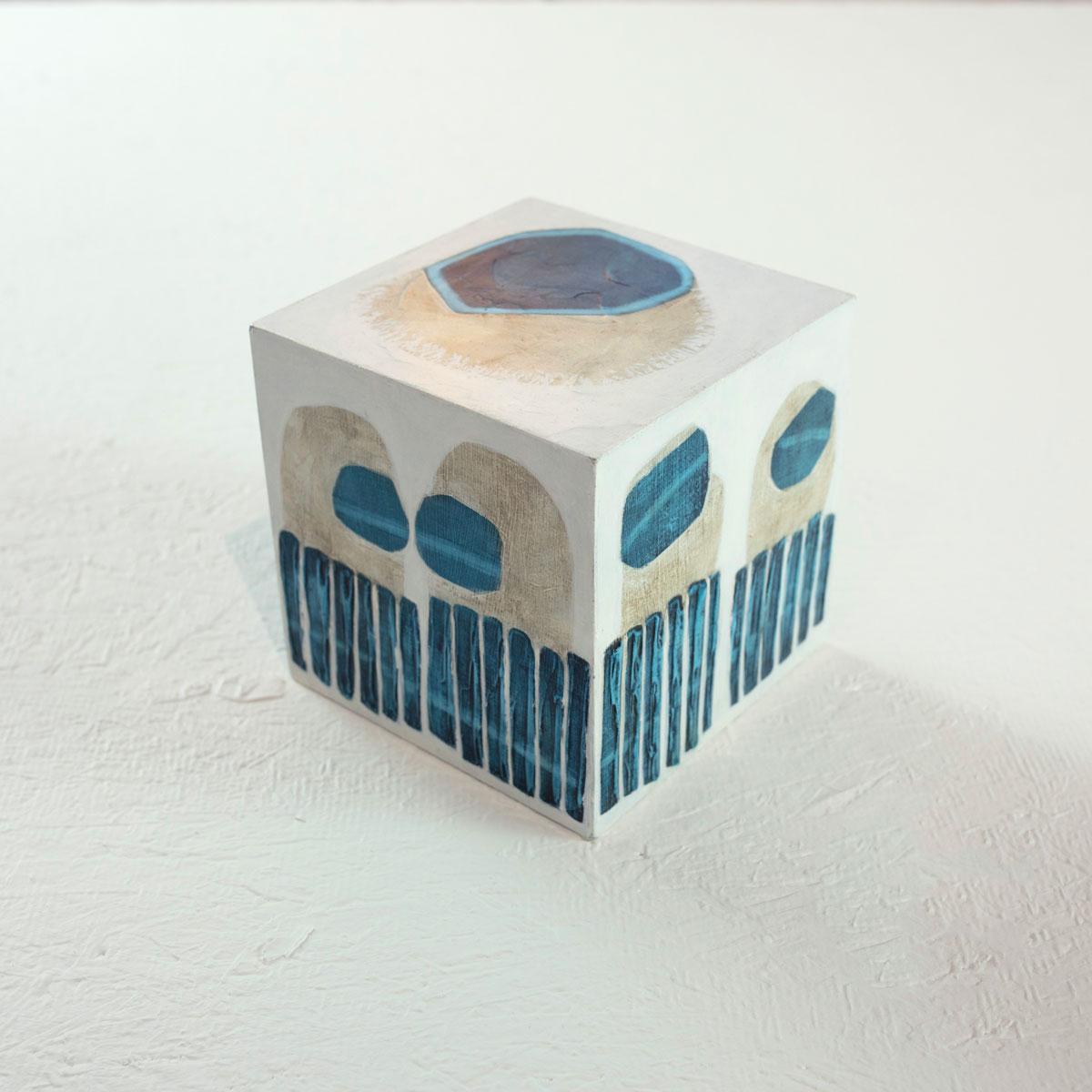 Sofie Swann Abstract Painting - "Little Swann 6" Painted Wooden Cube Sculpture