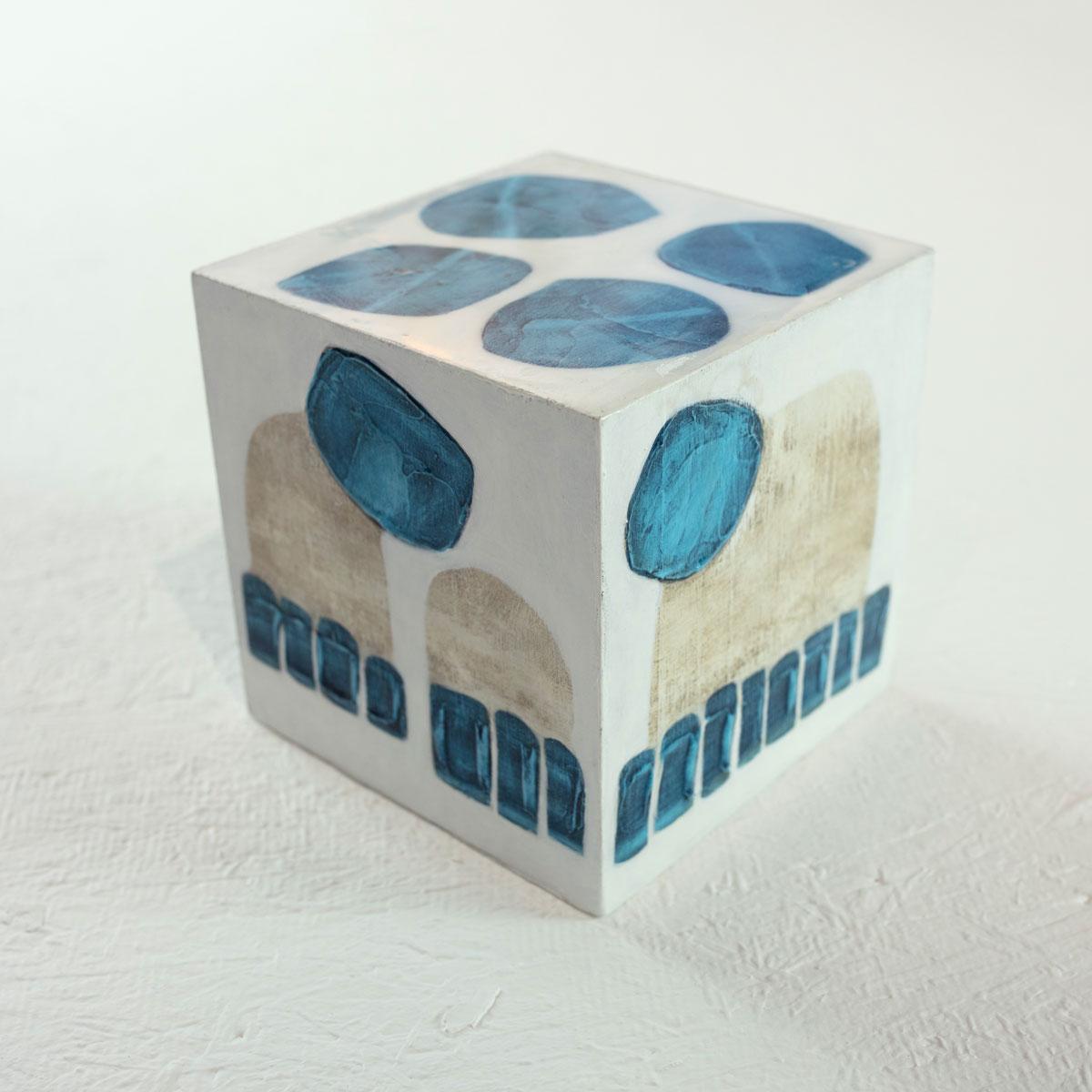Sofie Swann Abstract Painting - "Little Swann 7" Painted Wooden Cube Sculpture 