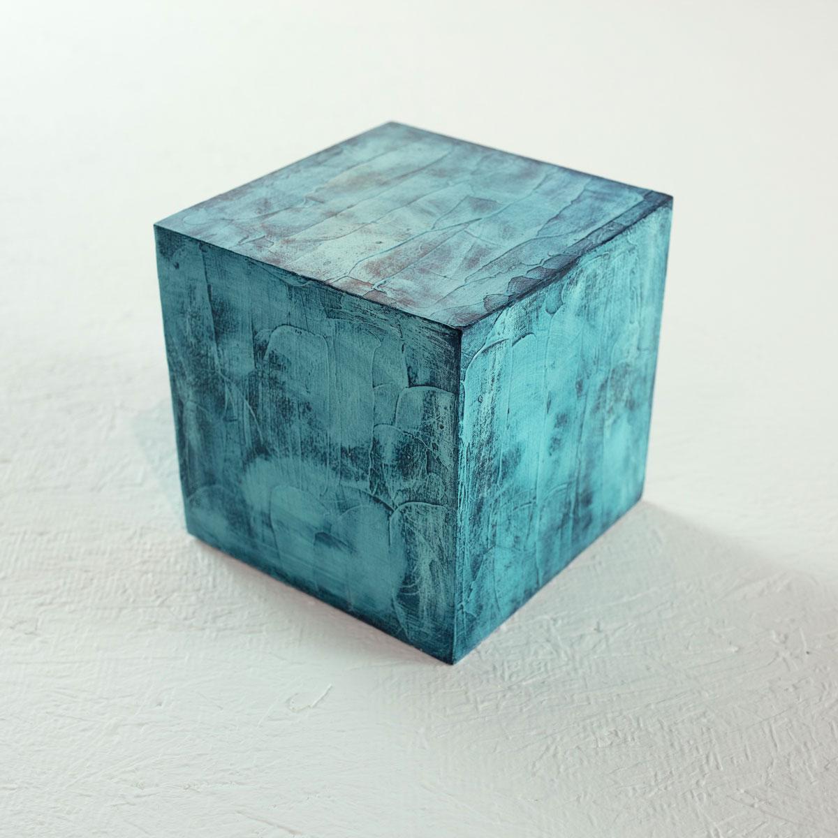Sofie Swann Abstract Painting - "Little Swann 8" Painted Wooden Cube Sculpture