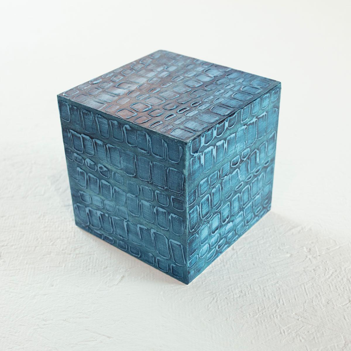 Sofie Swann Abstract Painting - "Little Swann 9" Painted Wooden Cube Sculpture