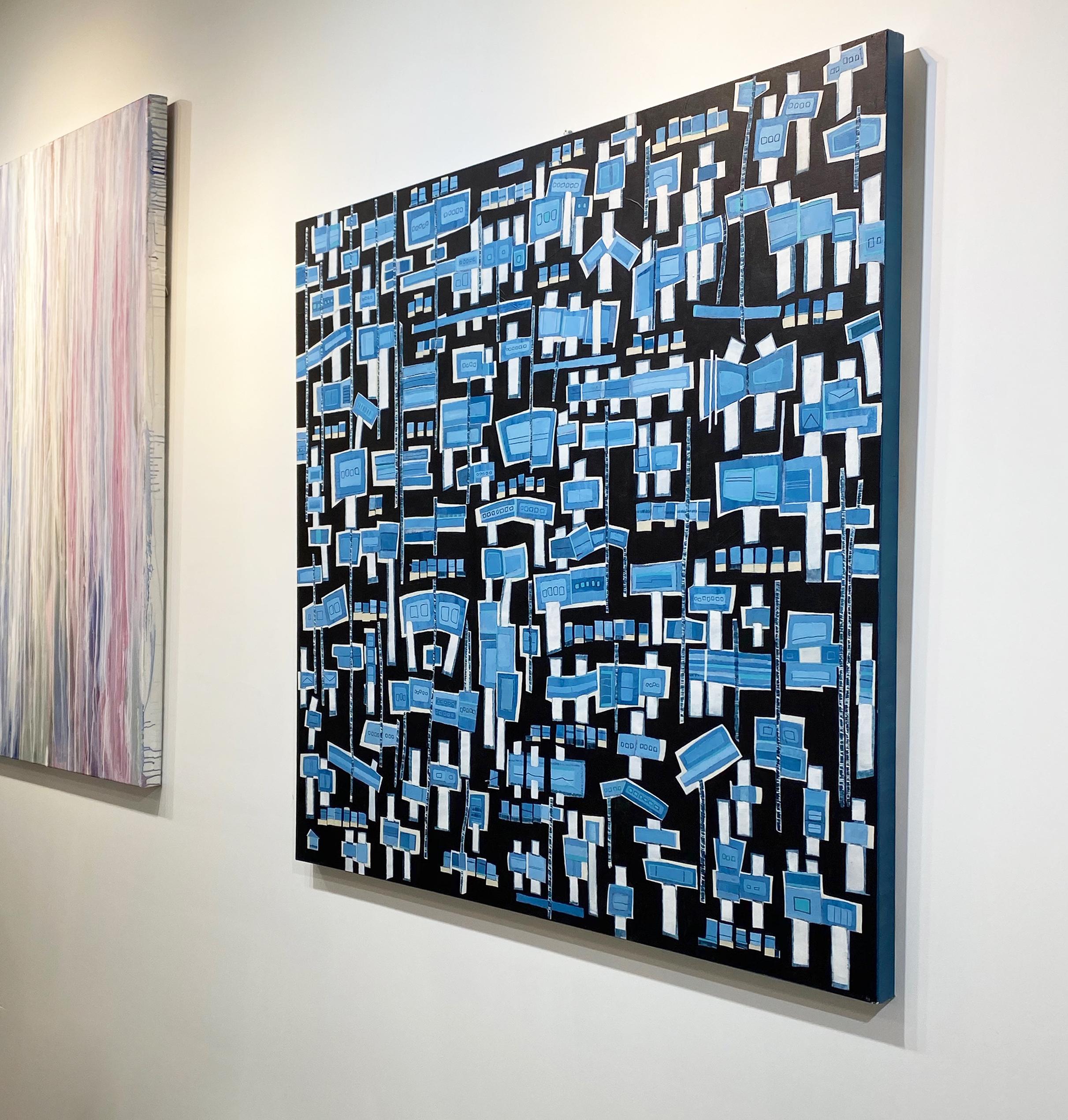 This abstract painting by Sofie Swann is made with acrylic paint on canvas. A deep black background is covered with mid- and light-toned blue and white, overlapping rectangular shapes. The painting is wired and ready to hang. 

Sofie Swann is an
