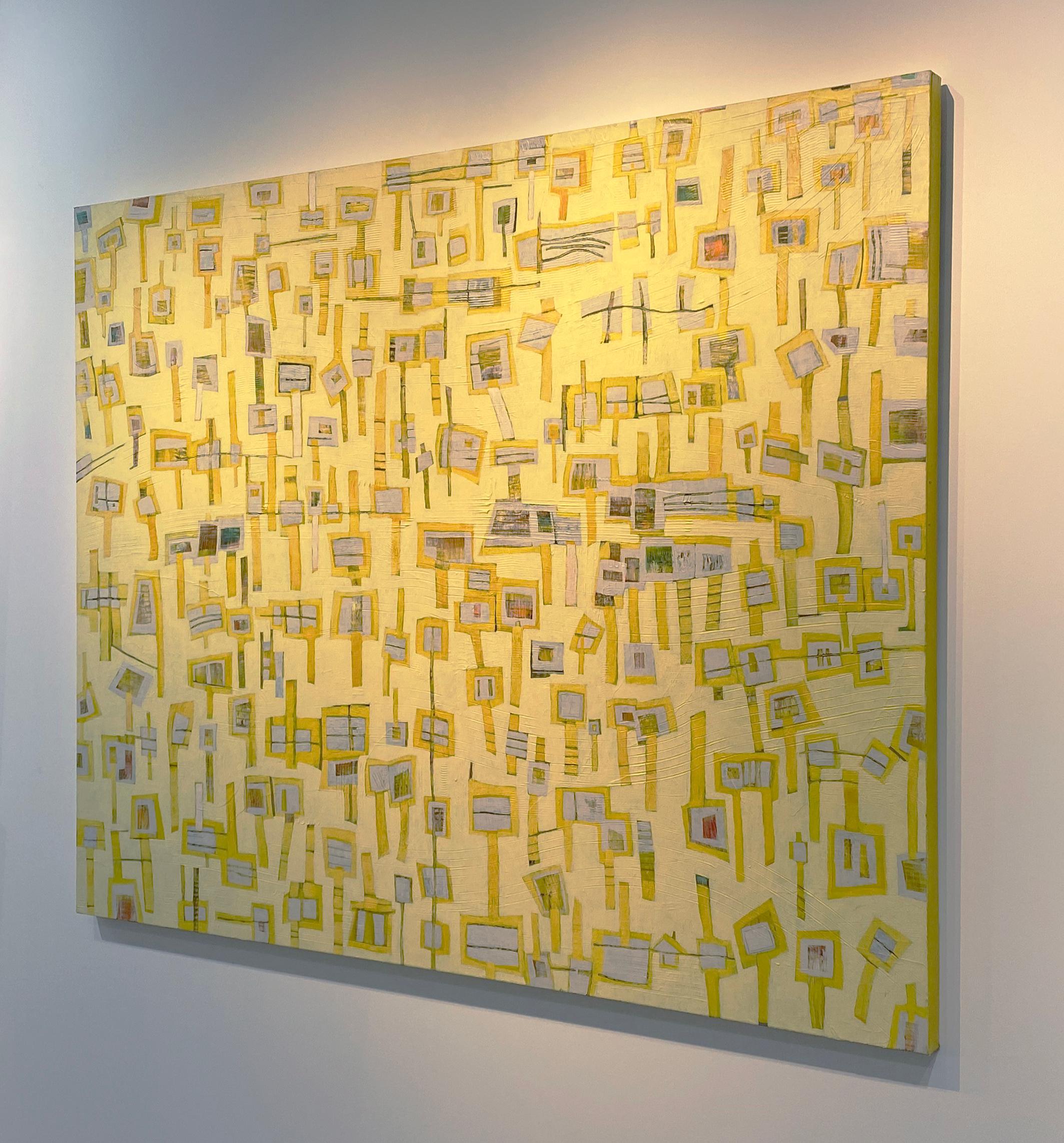 This large-scale statement painting is made with acrylic paint on canvas. Bright yellow and grey rectangles are joined together to create shapes reminiscent of geometric lollipops. Accents of deep red and blue can also be seen throughout. The