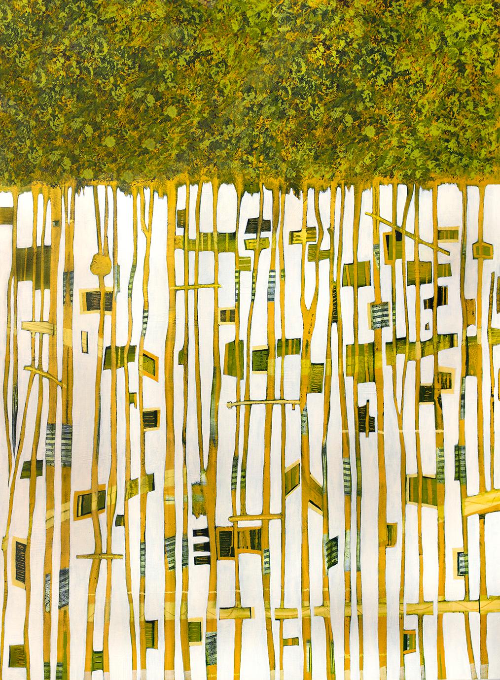"Memories II" is a painting that is part of a triptych, together with "Memories I" and "Memories III". It can be purchased alone or with the other two pieces in the triptych. In it, green and yellow geometric and organic shapes stretch up vertically