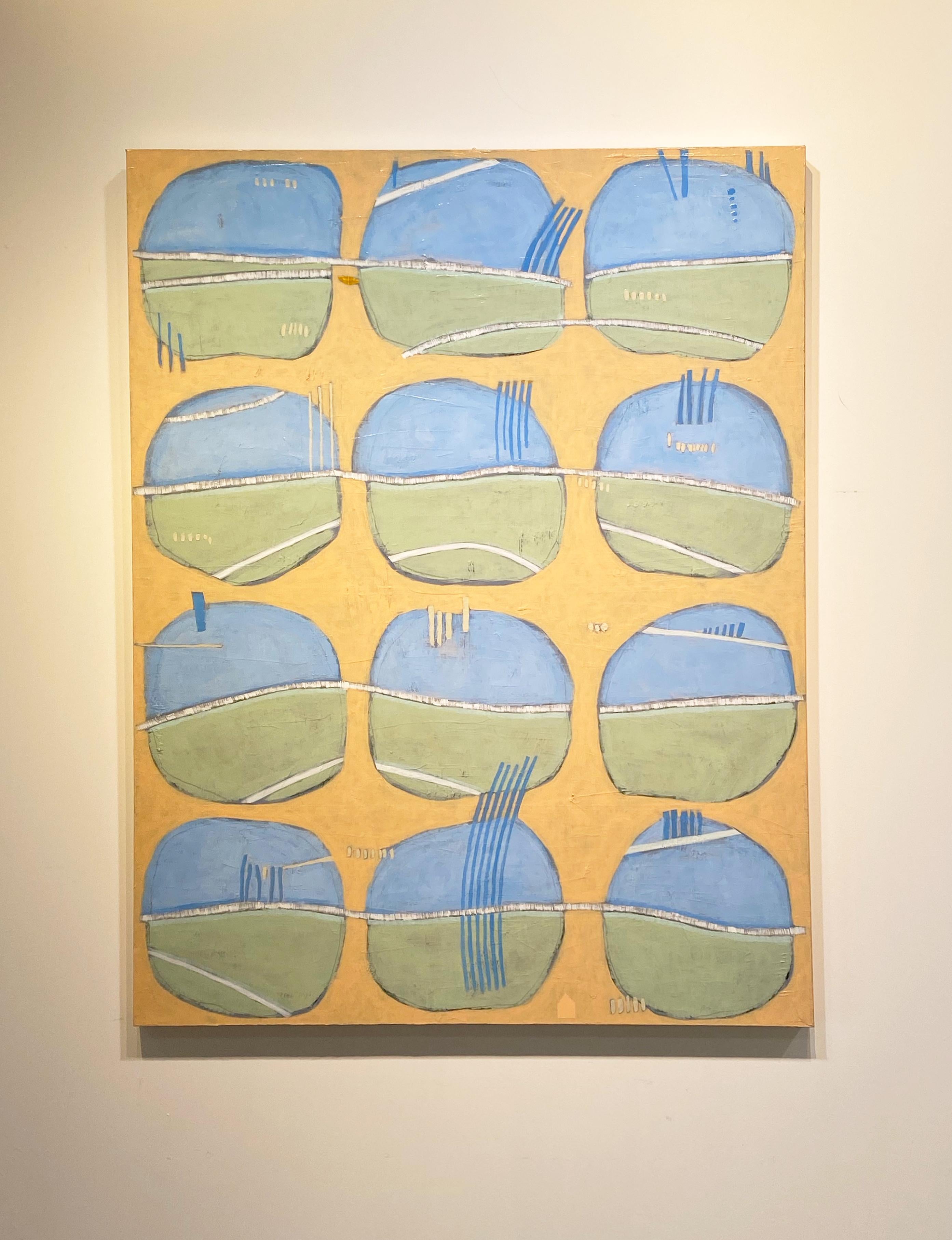 This large abstract painting by Sofie Swann is made with acrylic paint on gallery-wrapped canvas. Twelve circular shapes cover the canvas, three in each row. Each imperfect circle shape is half blue and half light green, with clusters of blue