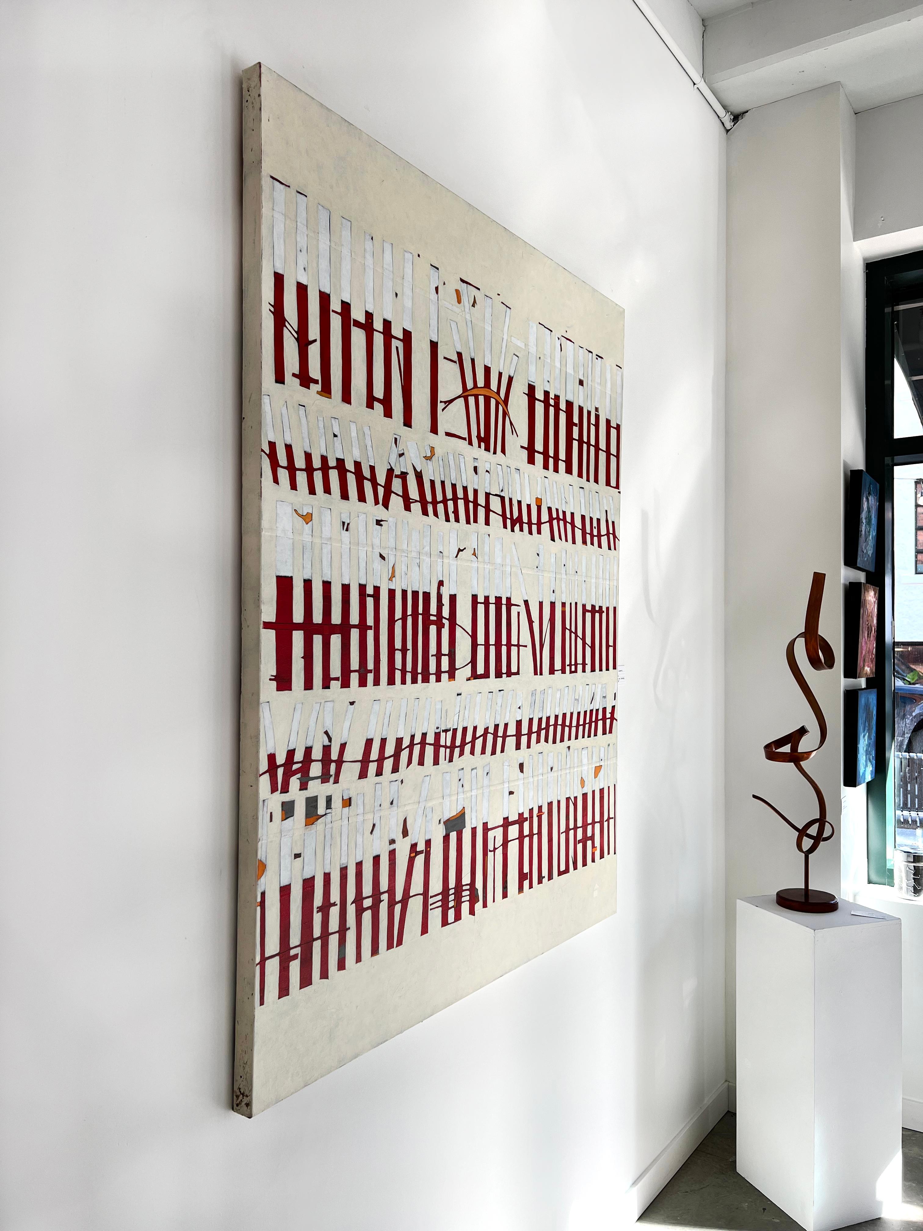 This large abstract painting by Sofie Swann is made with acrylic paint on gallery wrapped canvas. It features thin, imperfect vertical rectangular shapes which are half white and half deep red, and are stacked horizontally next to one another - some